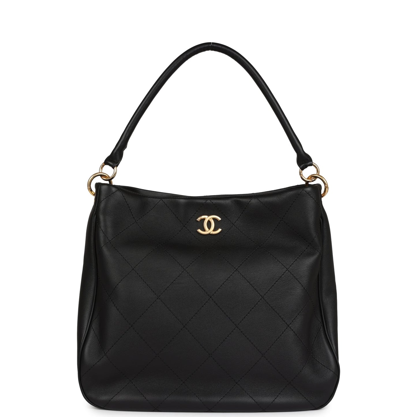 Chanel Quilted Hobo Shoulder Bag Black Calfskin Brushed Gold Hardware