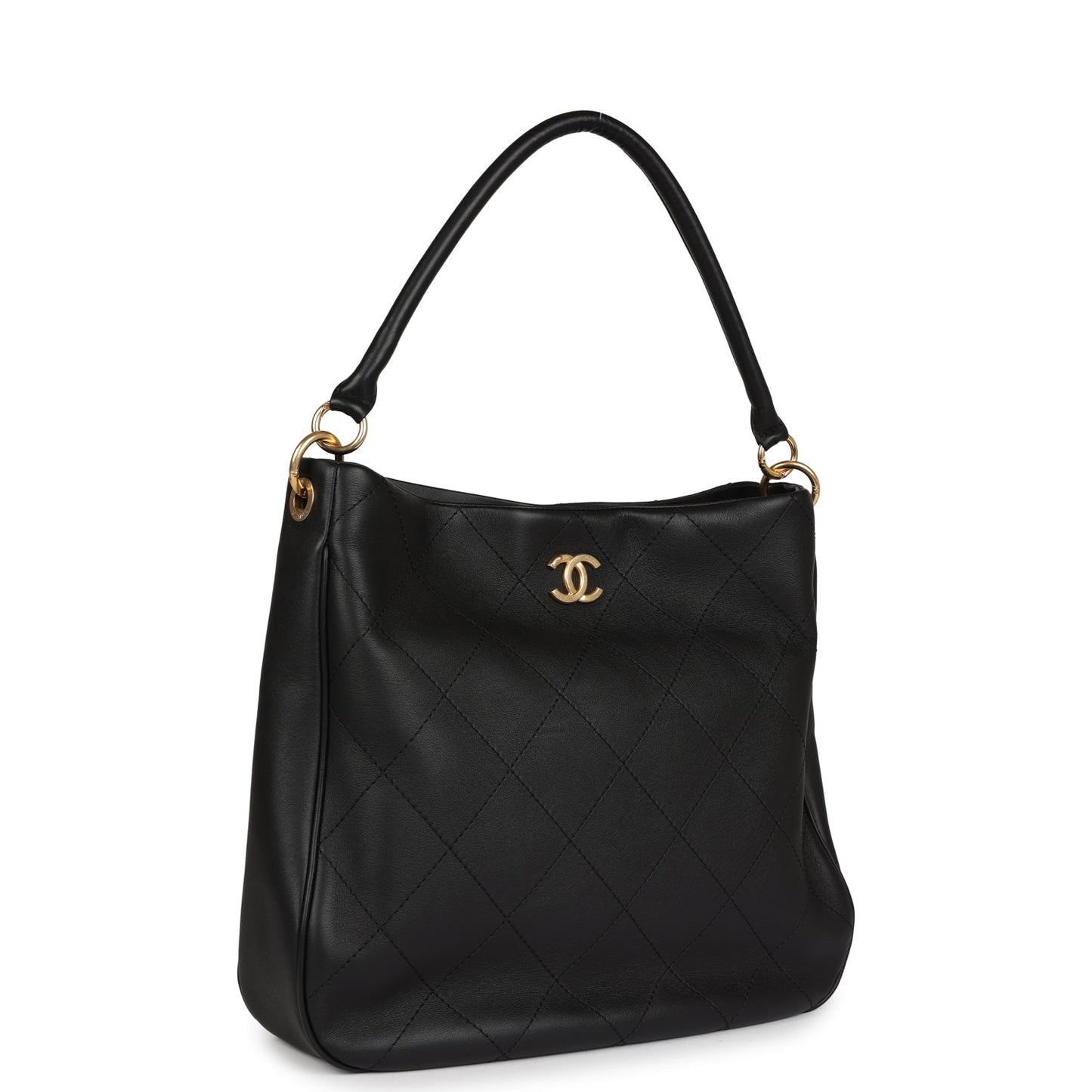 Chanel Quilted Hobo Shoulder Bag Black Calfskin Brushed Gold Hardware