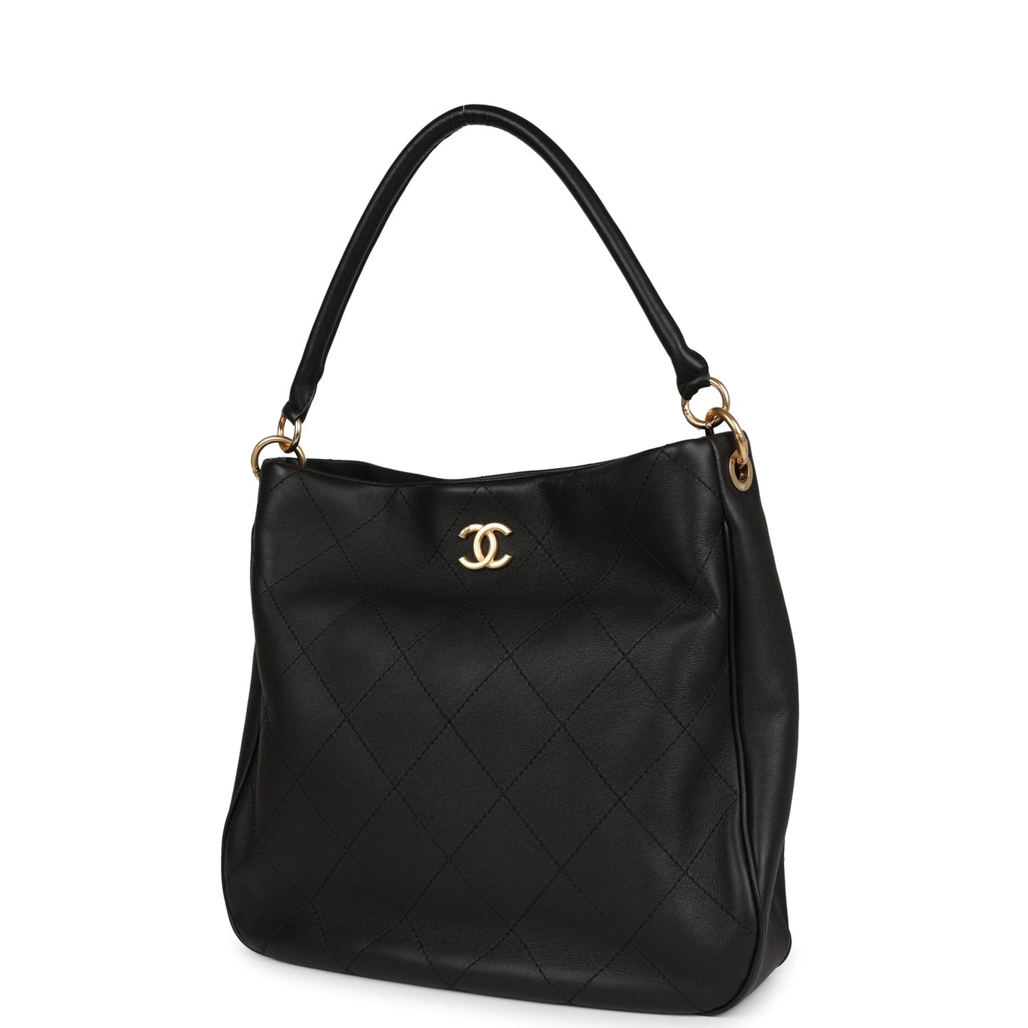 Chanel Quilted Hobo Shoulder Bag Black Calfskin Brushed Gold Hardware