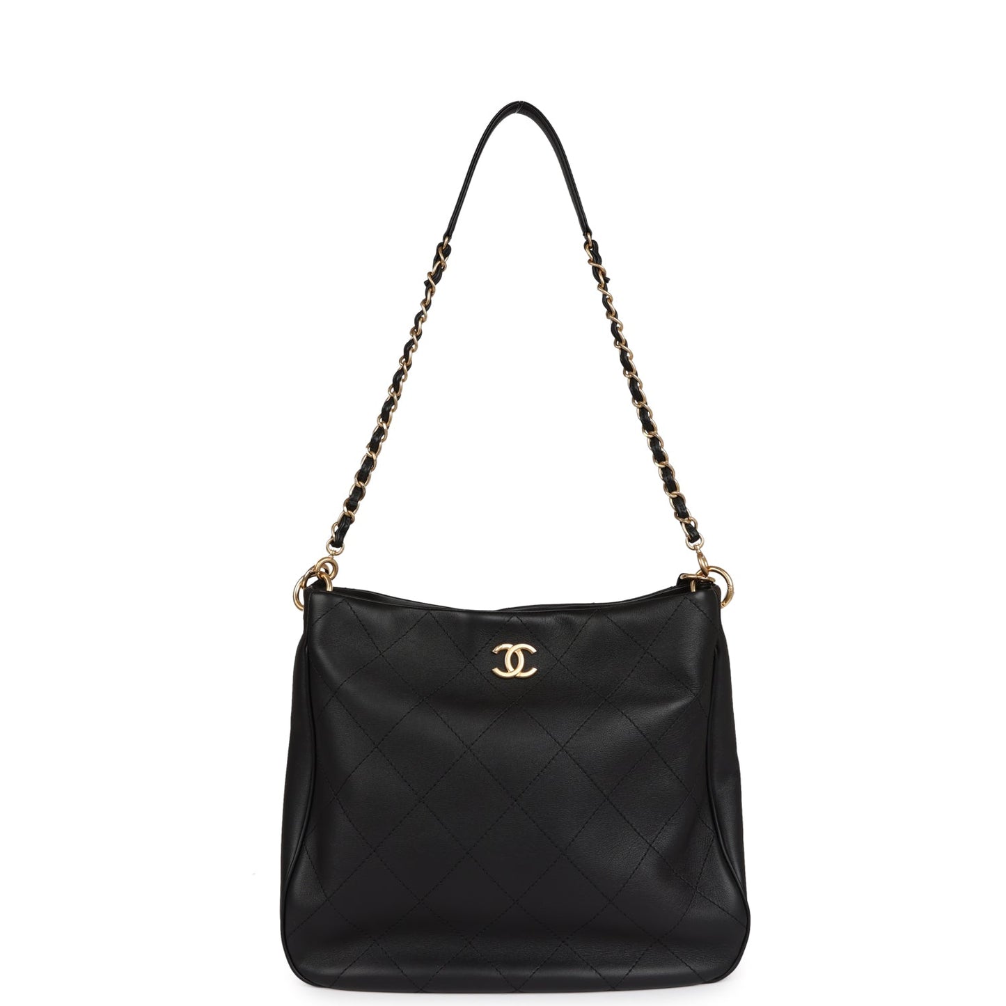 Chanel Quilted Hobo Shoulder Bag Black Calfskin Brushed Gold Hardware