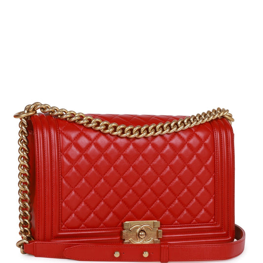 Pre-owned Chanel New Medium Boy Bag Red Lambskin Antique Gold Hardware