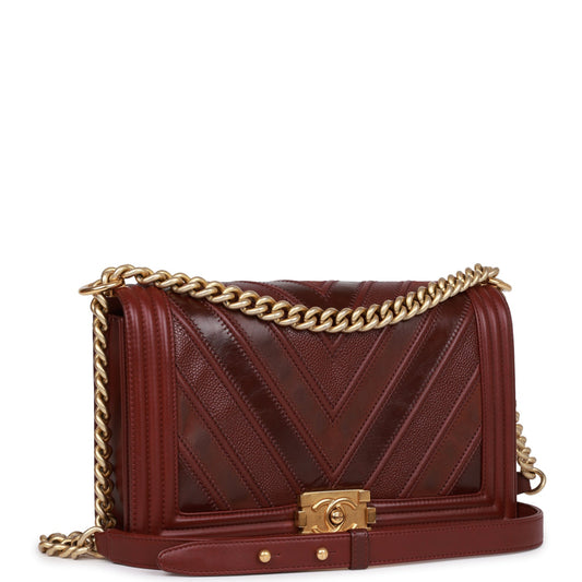 Pre-owned Chanel New Medium Boy Bag Burgundy Chevron Antique Gold Hardware