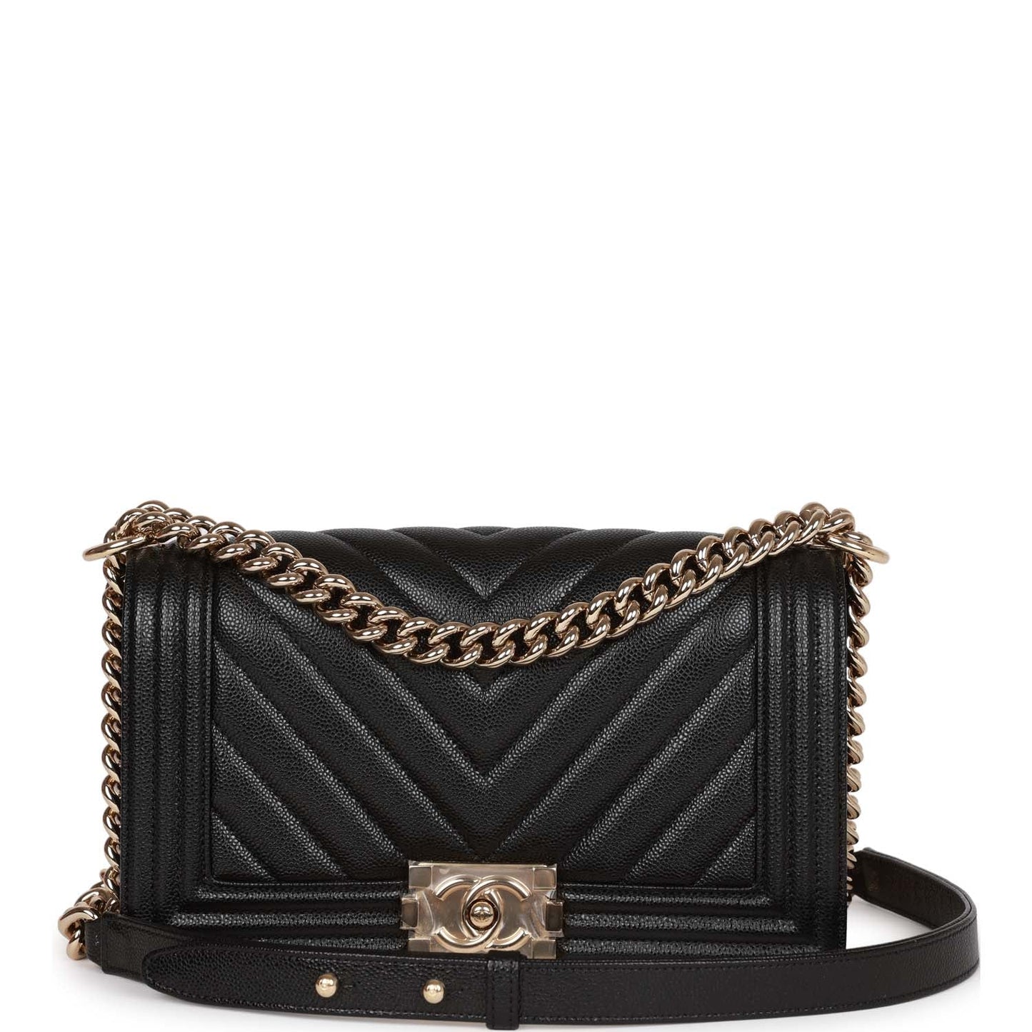 Chanel Medium Boy Bag Black Chevron Caviar Light Gold Hardware