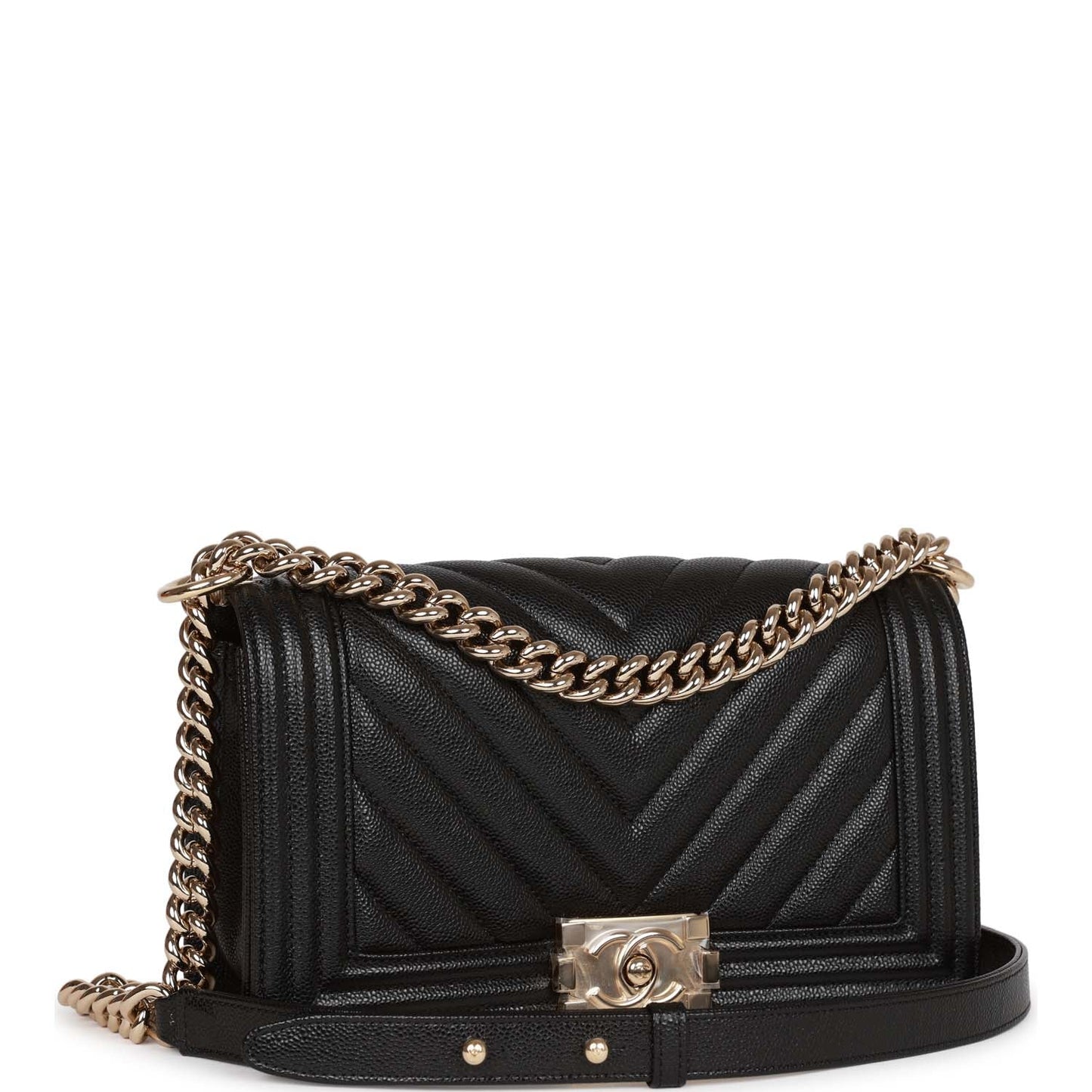 Chanel Medium Boy Bag Black Chevron Caviar Light Gold Hardware