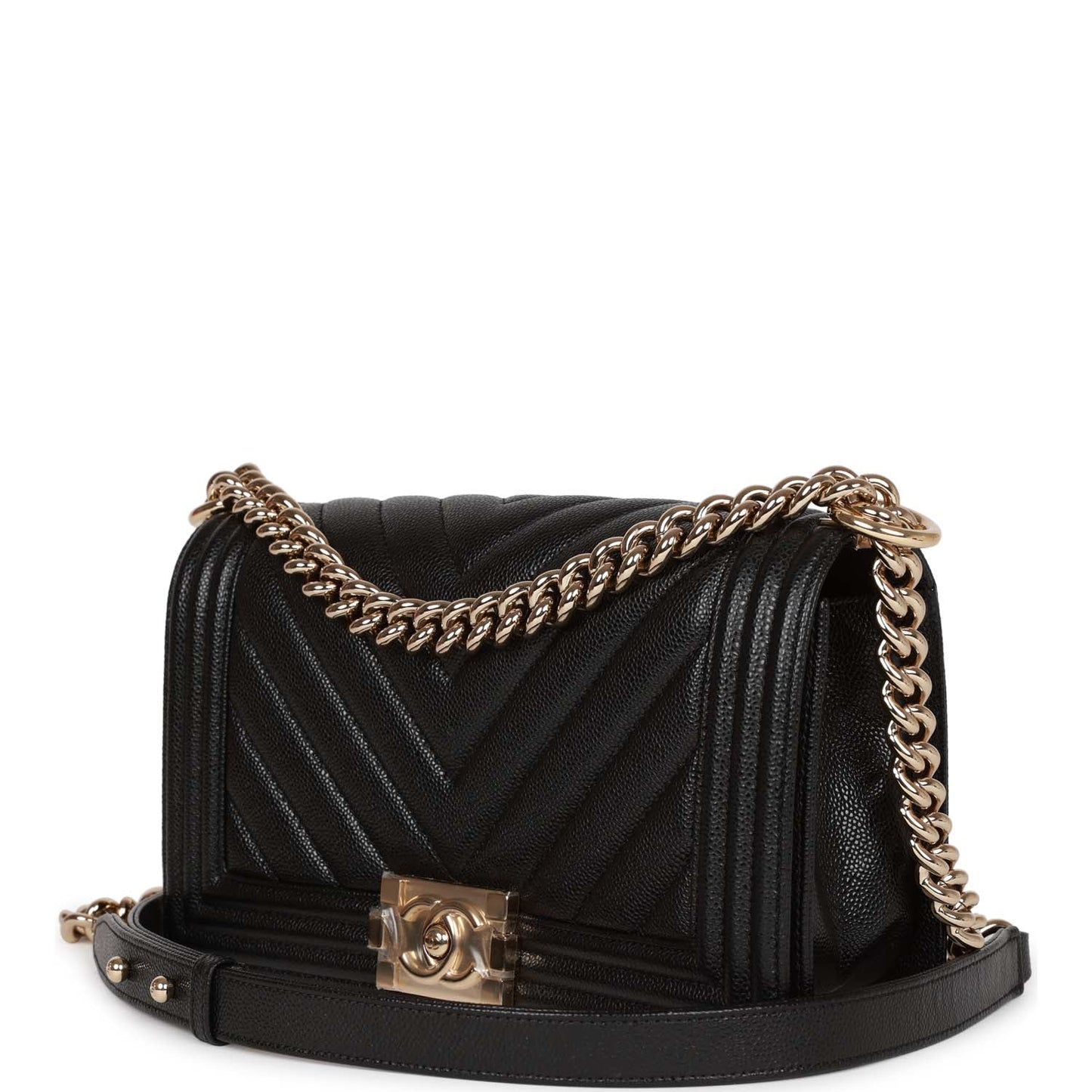 Chanel Medium Boy Bag Black Chevron Caviar Light Gold Hardware