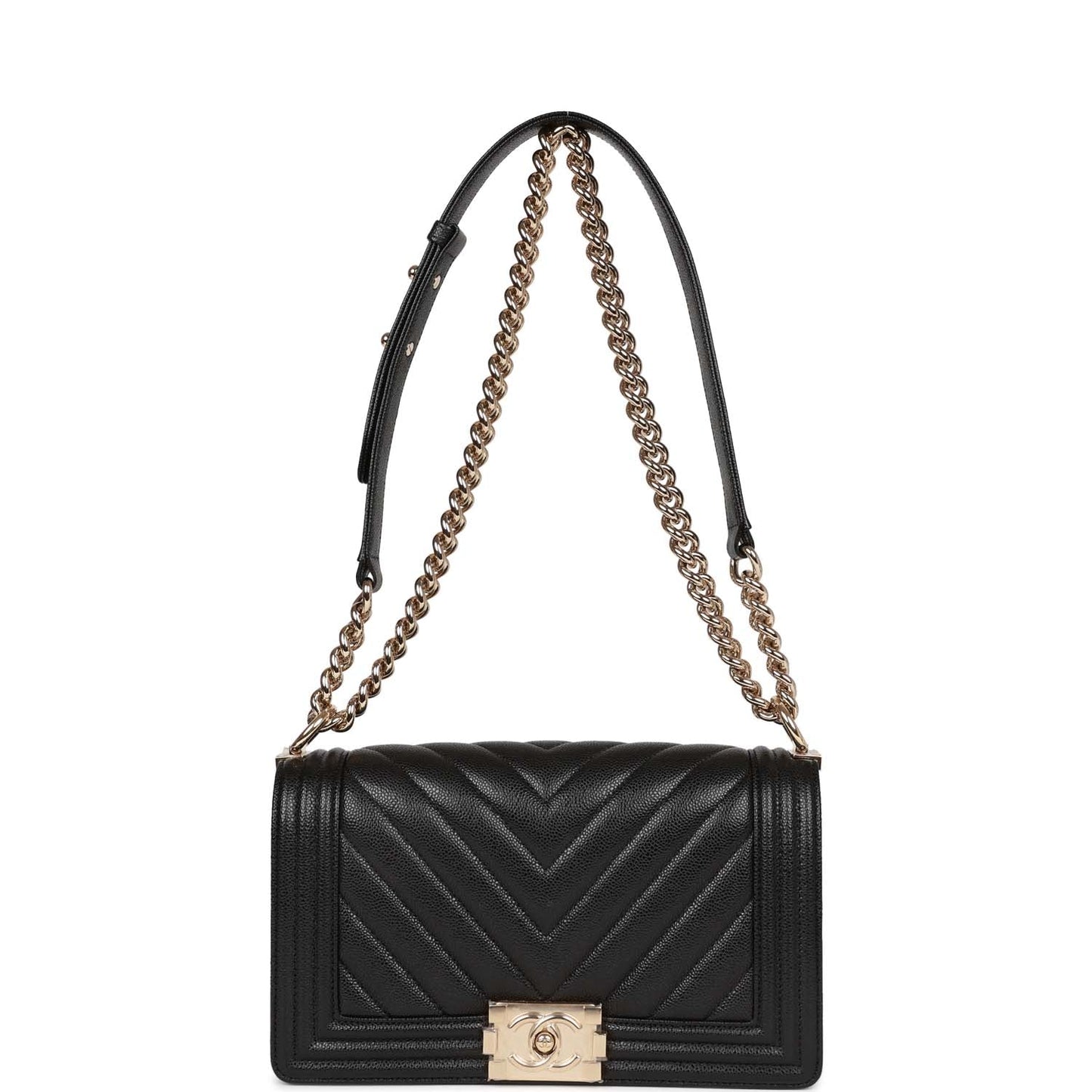 Chanel Medium Boy Bag Black Chevron Caviar Light Gold Hardware