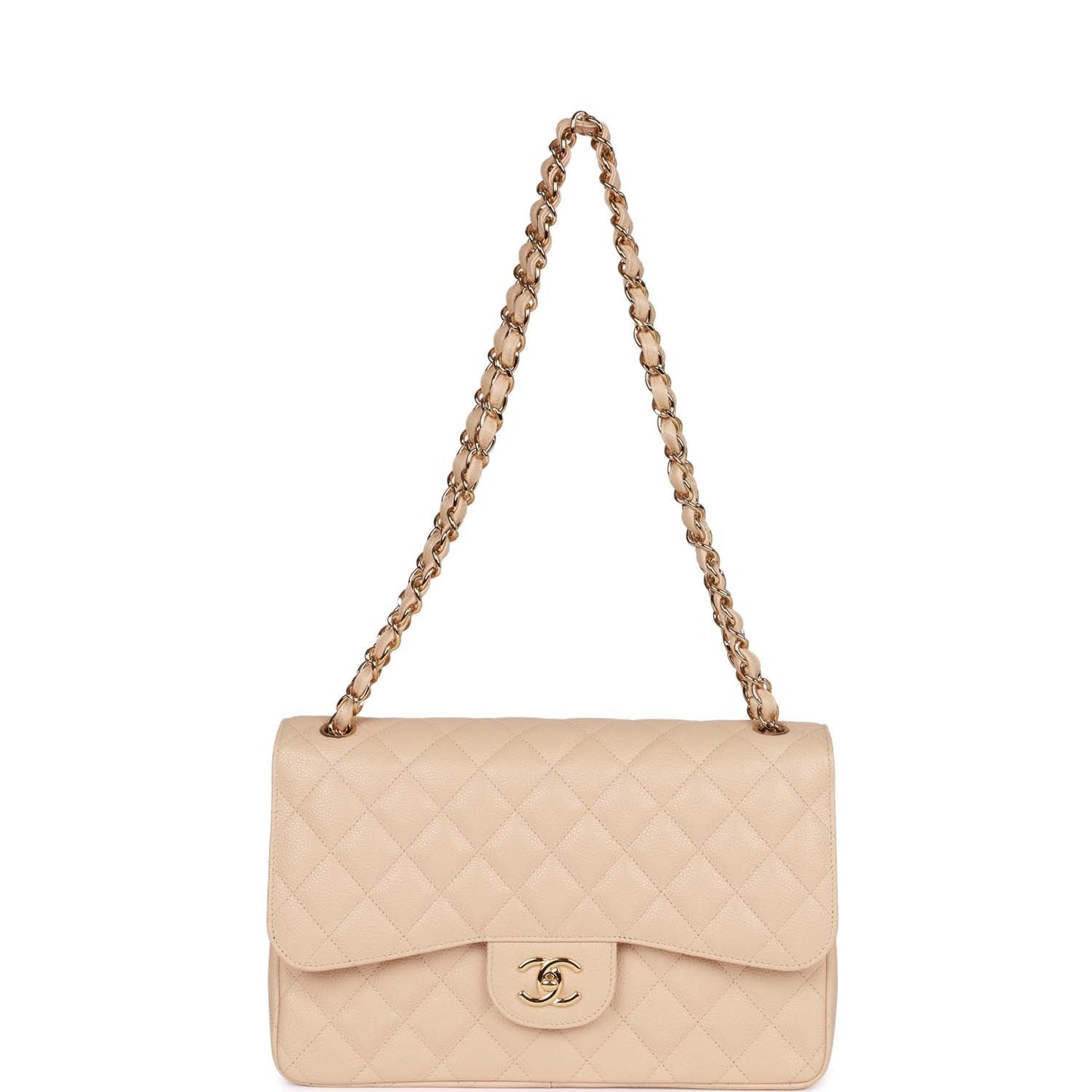 Pre-owned Chanel Jumbo Classic Double Flap Bag Beige Caviar Gold Hardware