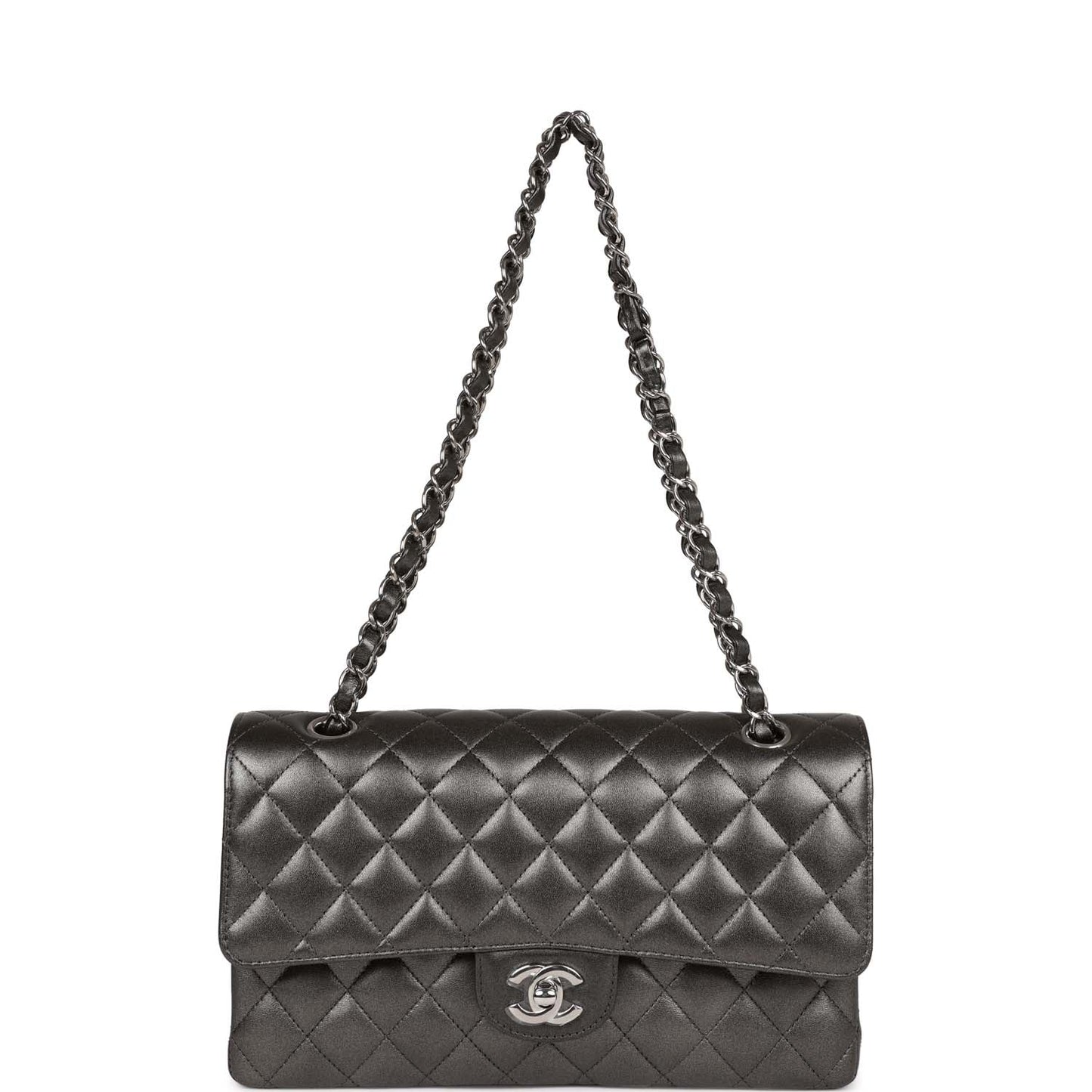 Chanel Medium Classic Double Flap Bag Metallic Grey Lambskin Silver Hardware