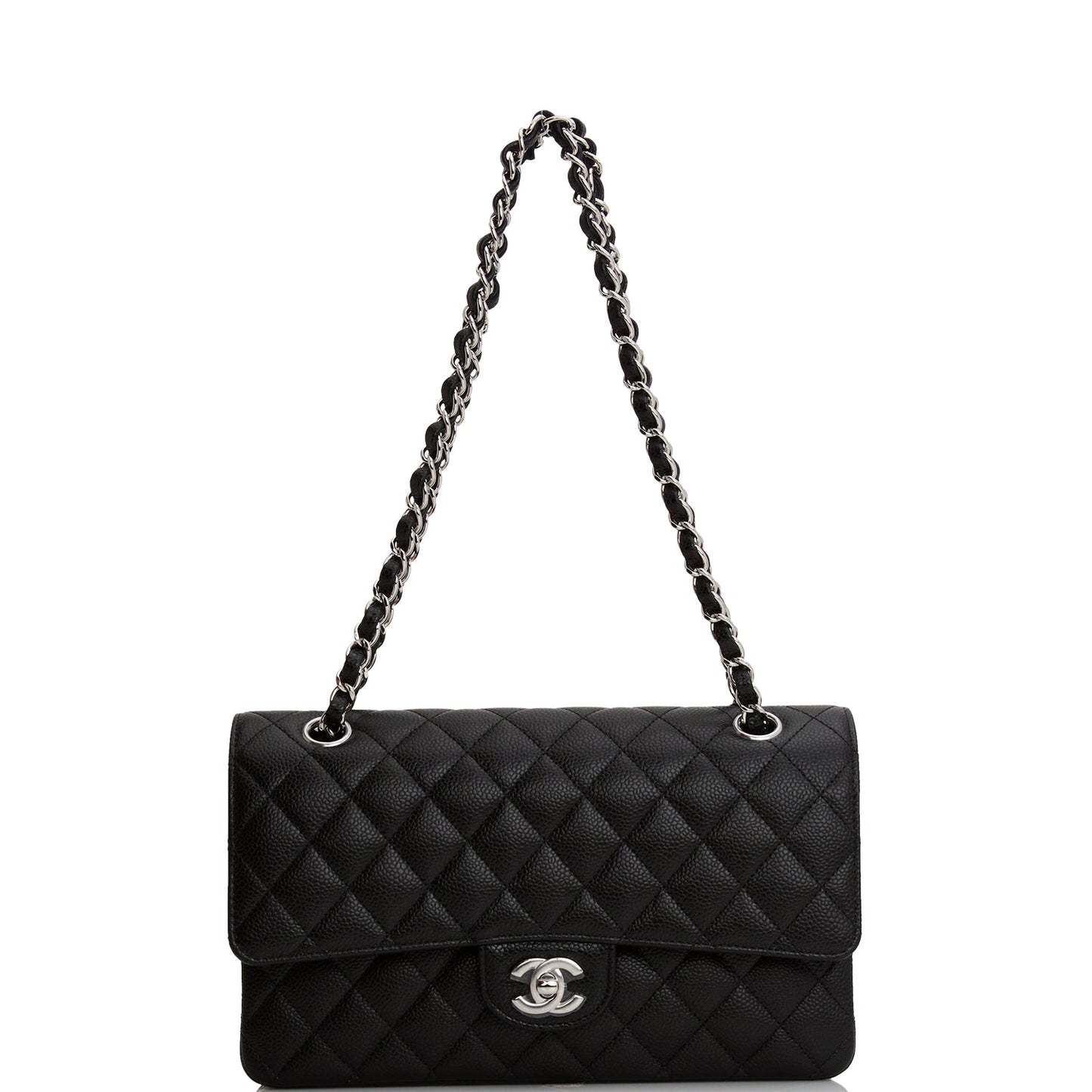 Chanel Medium Classic Double Flap Bag Black Quilted Caviar Silver Hardware