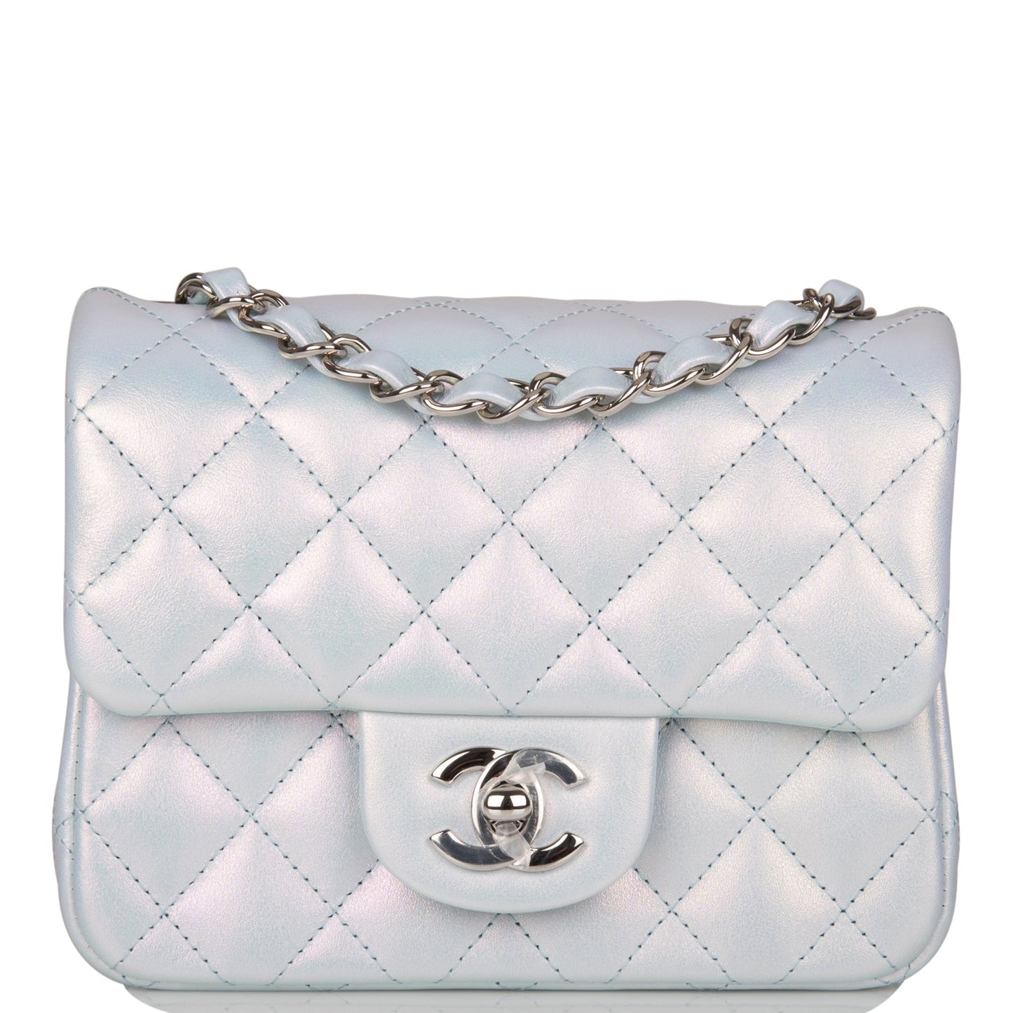 Chanel Mini Square Flap Bag Blue Iridescent Lambskin Silver Hardware