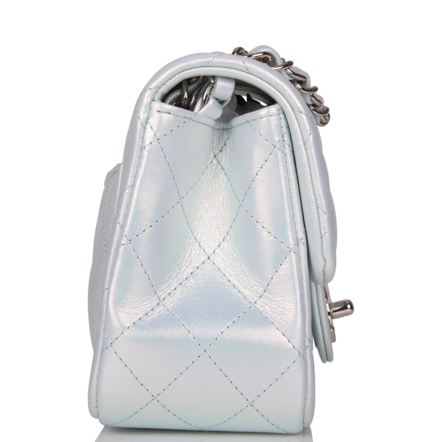 Chanel Mini Square Flap Bag Blue Iridescent Lambskin Silver Hardware