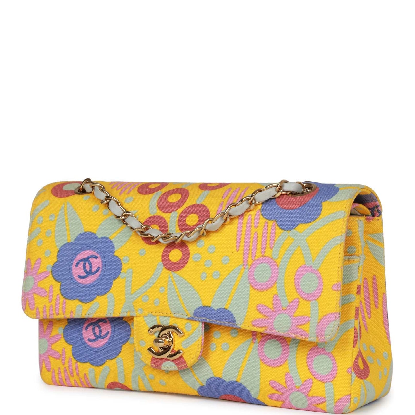 Vintage Chanel Medium Classic Double Flap Bag Yellow and Multicolor Floral Print Canvas Gold Hardware