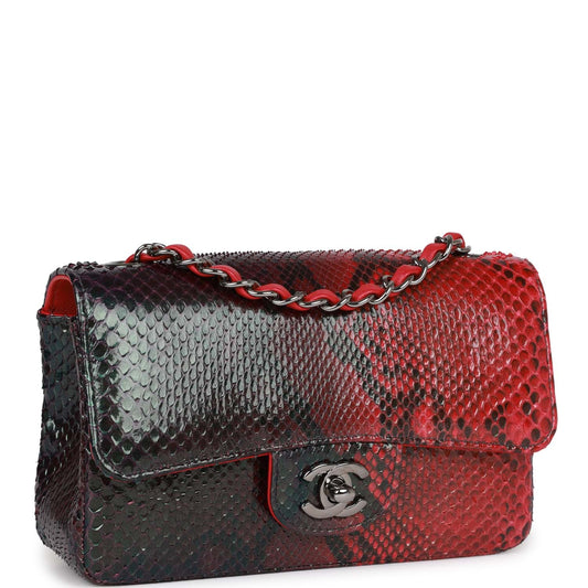 Pre-owned Chanel Mini Rectangular Flap Bag Red and Black Python Ruthenium Hardware