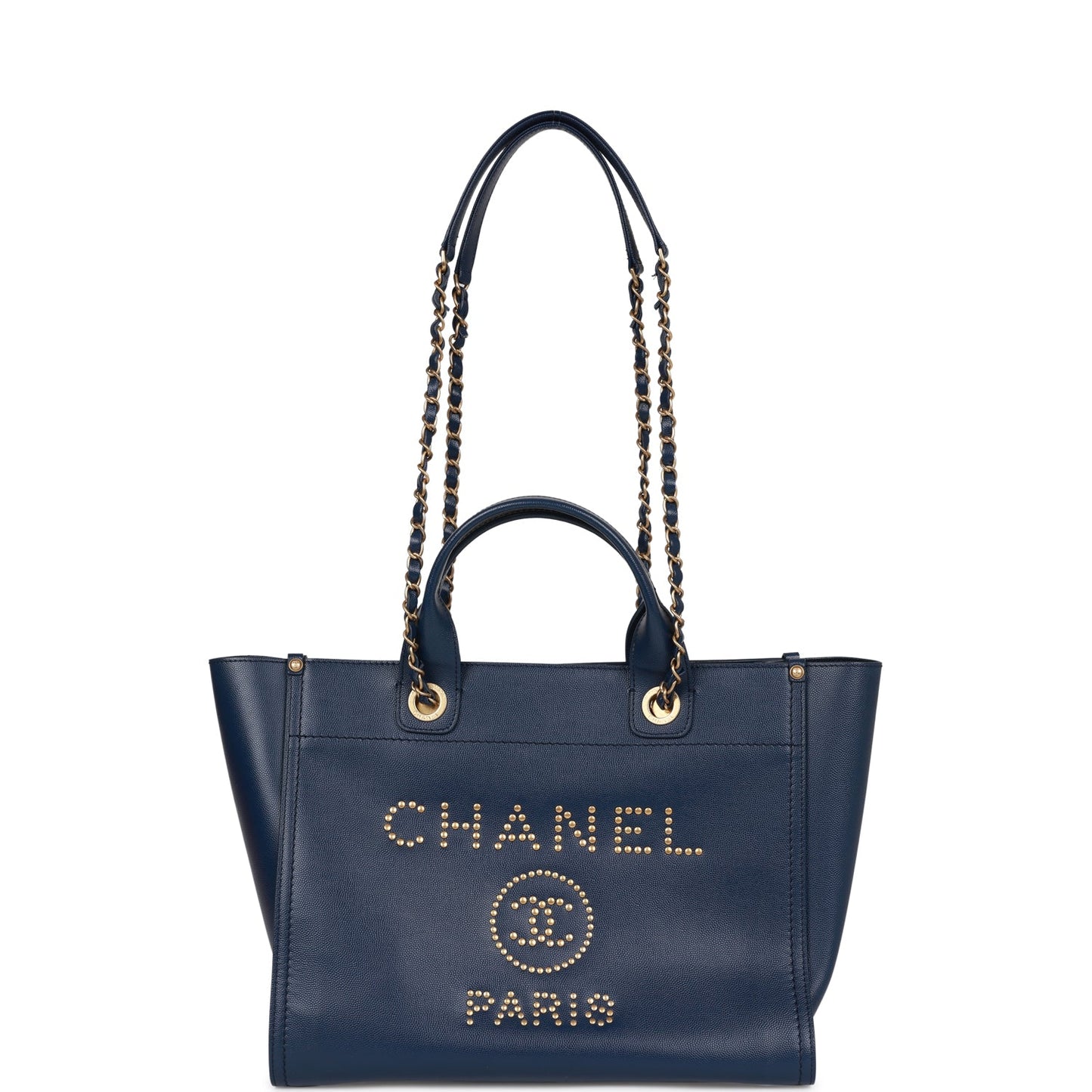 Pre-owned Chanel Small Deauville Shopping Bag Blue Caviar Antique Gold Hardware