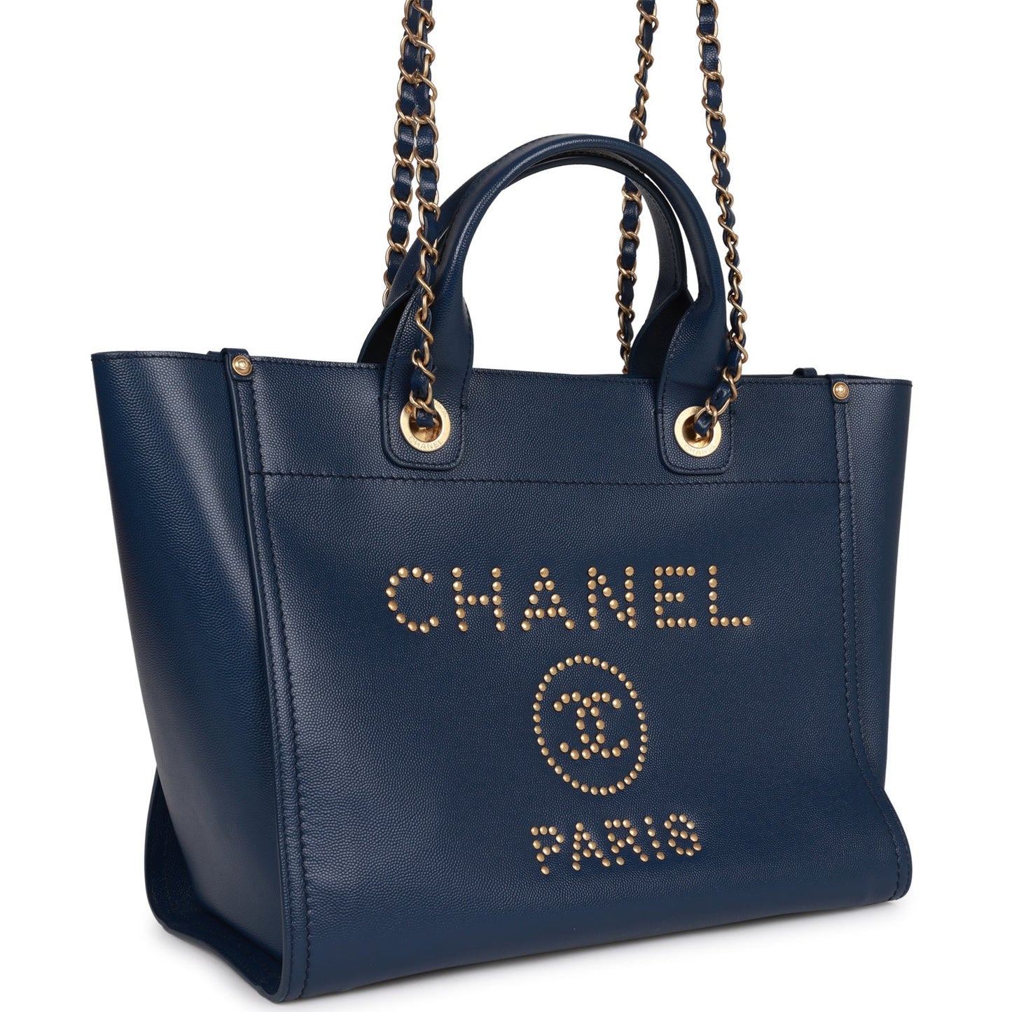 Pre-owned Chanel Small Deauville Shopping Bag Blue Caviar Antique Gold Hardware