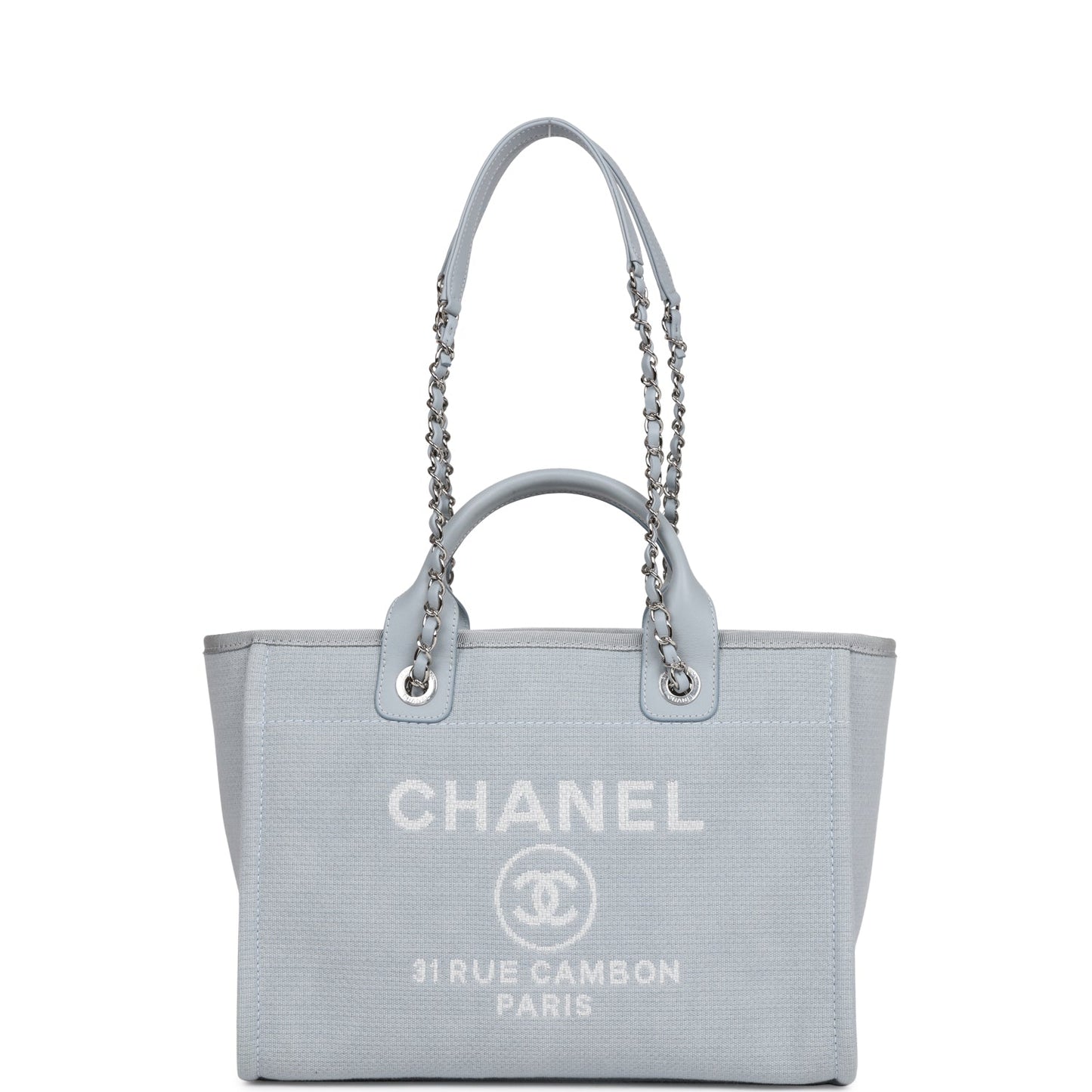 Chanel Small Deauville Shopping Bag Blue Boucle Silver Hardware