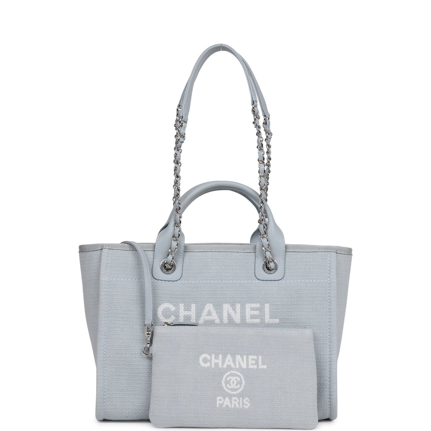 Chanel Small Deauville Shopping Bag Blue Boucle Silver Hardware