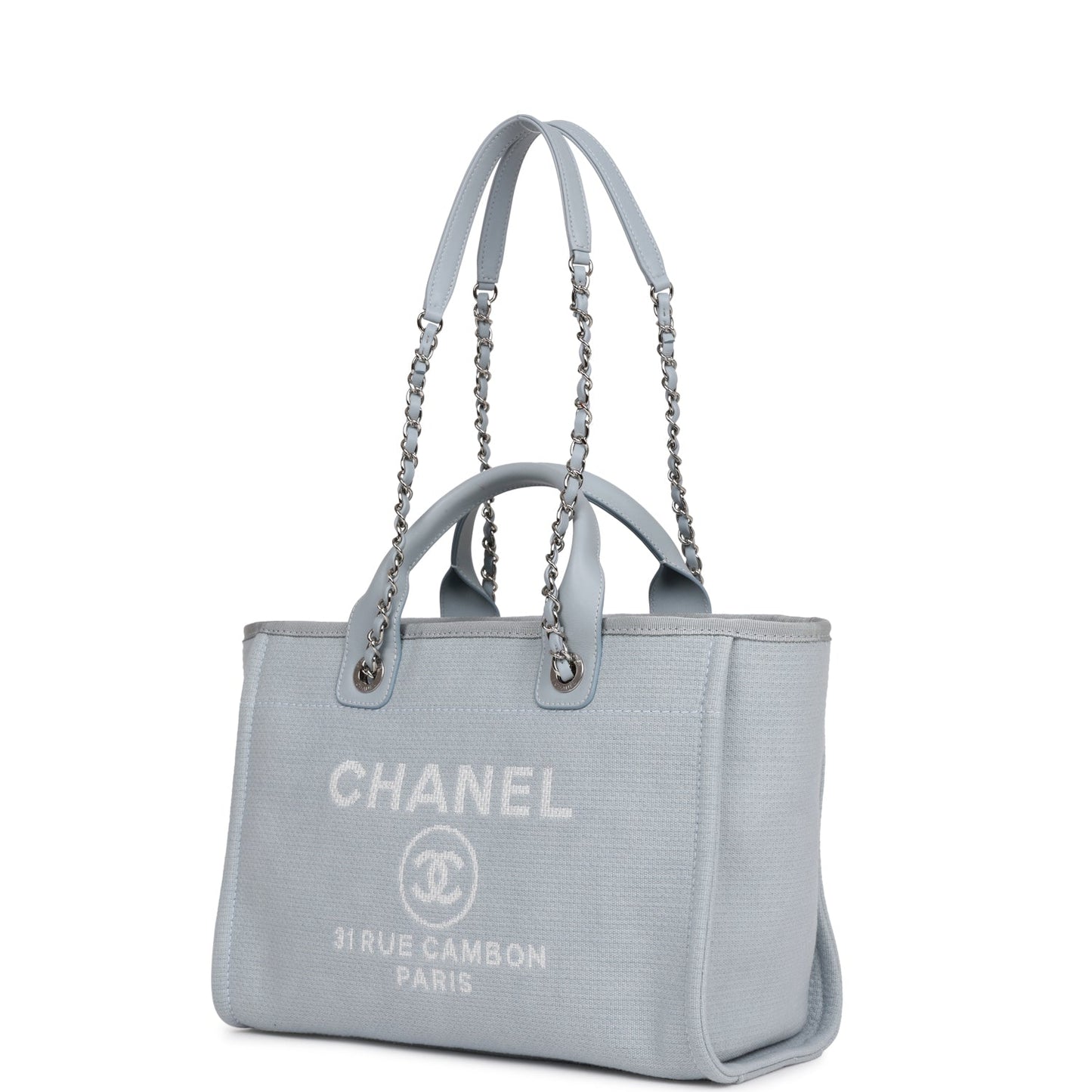 Chanel Small Deauville Shopping Bag Blue Boucle Silver Hardware