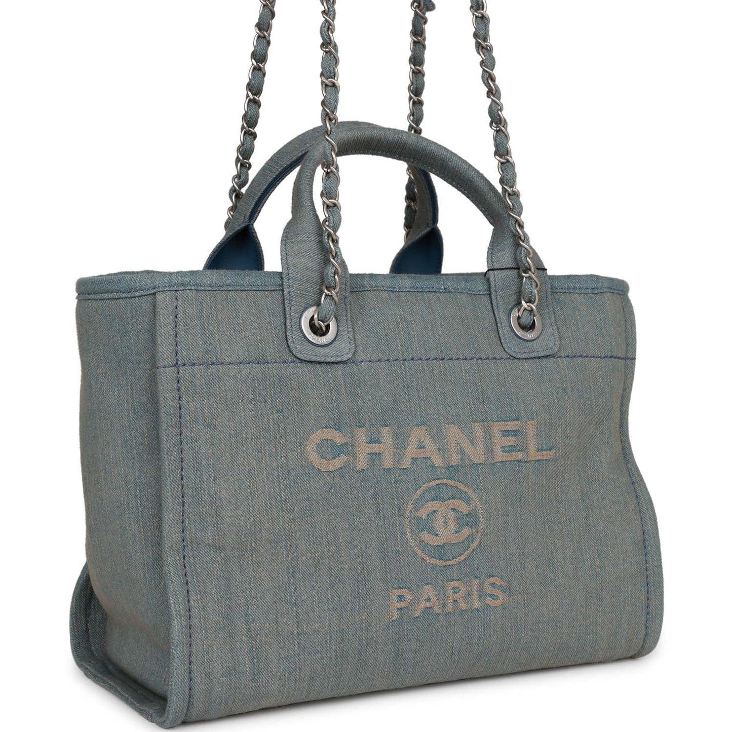 Chanel Small Deauville Shopping Bag Distressed Blue Denim Aged Silver Hardware