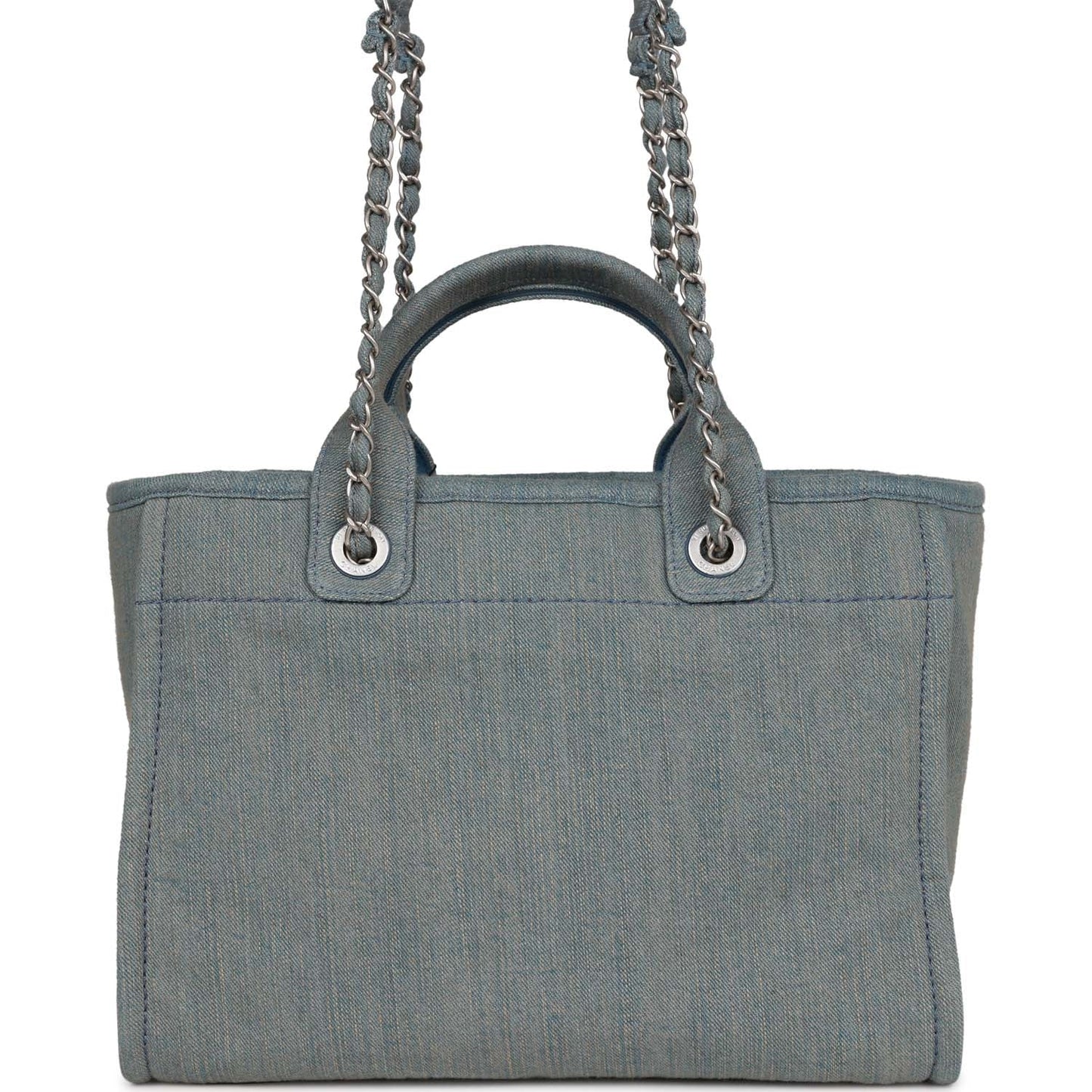 Chanel Small Deauville Shopping Bag Distressed Blue Denim Aged Silver Hardware