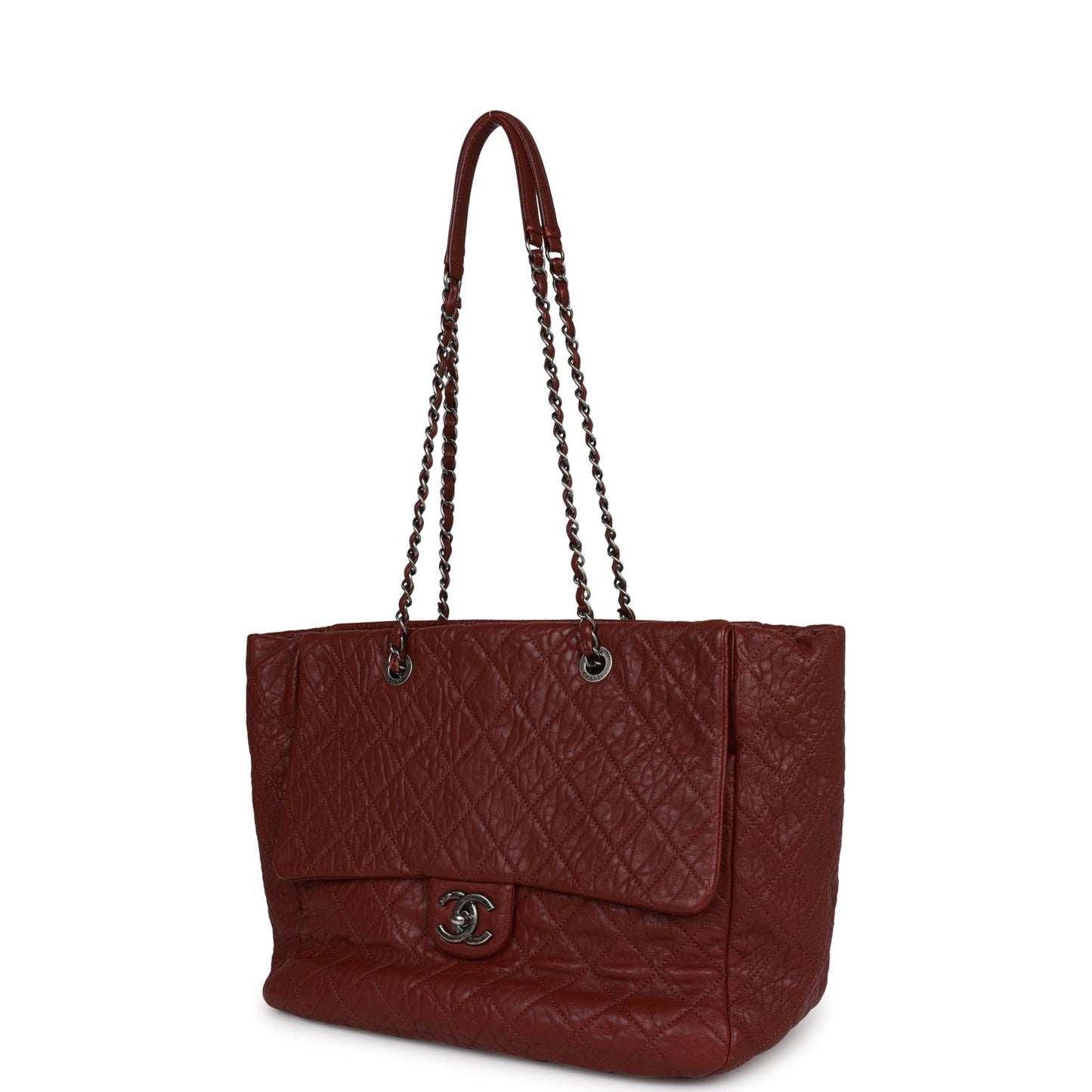 Pre-owned Chanel Large Duo Tote Bag Burgundy Calfskin Ruthenium Hardware