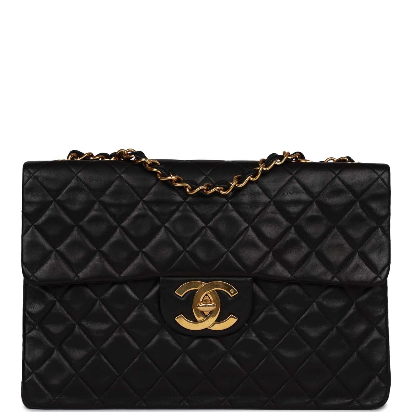 Vintage Chanel XL Maxi Flap Bag Black Lambskin Gold Hardware