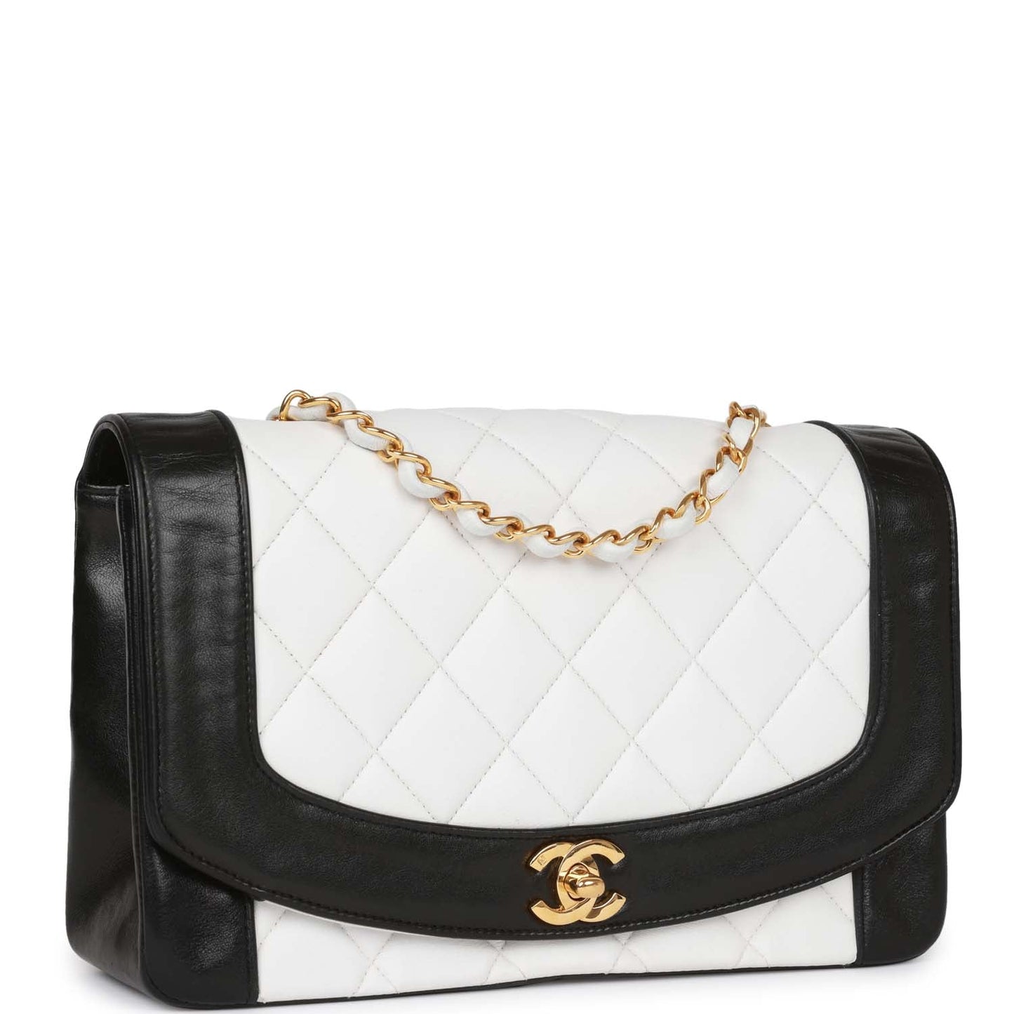 Vintage Chanel Medium Diana Flap Bag White and Black Lambskin Gold Hardware