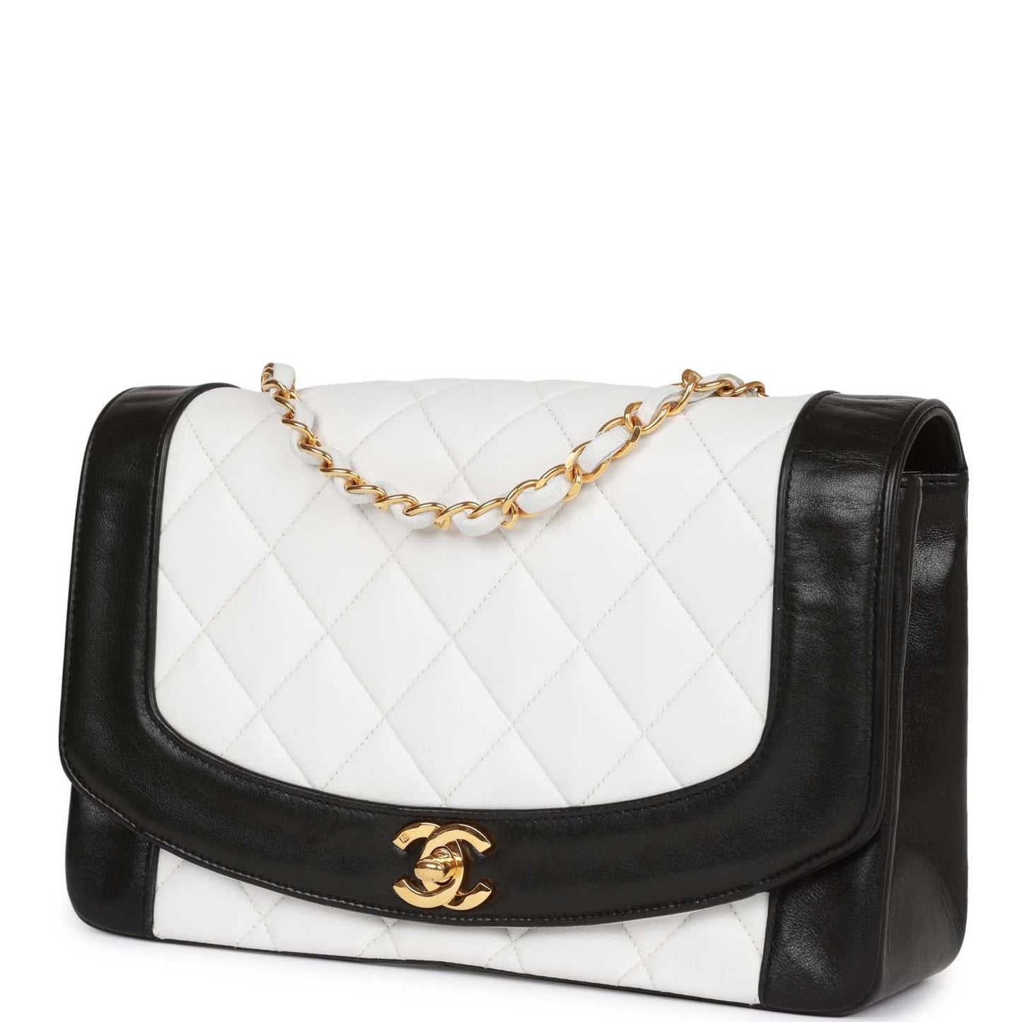 Vintage Chanel Medium Diana Flap Bag White and Black Lambskin Gold Hardware