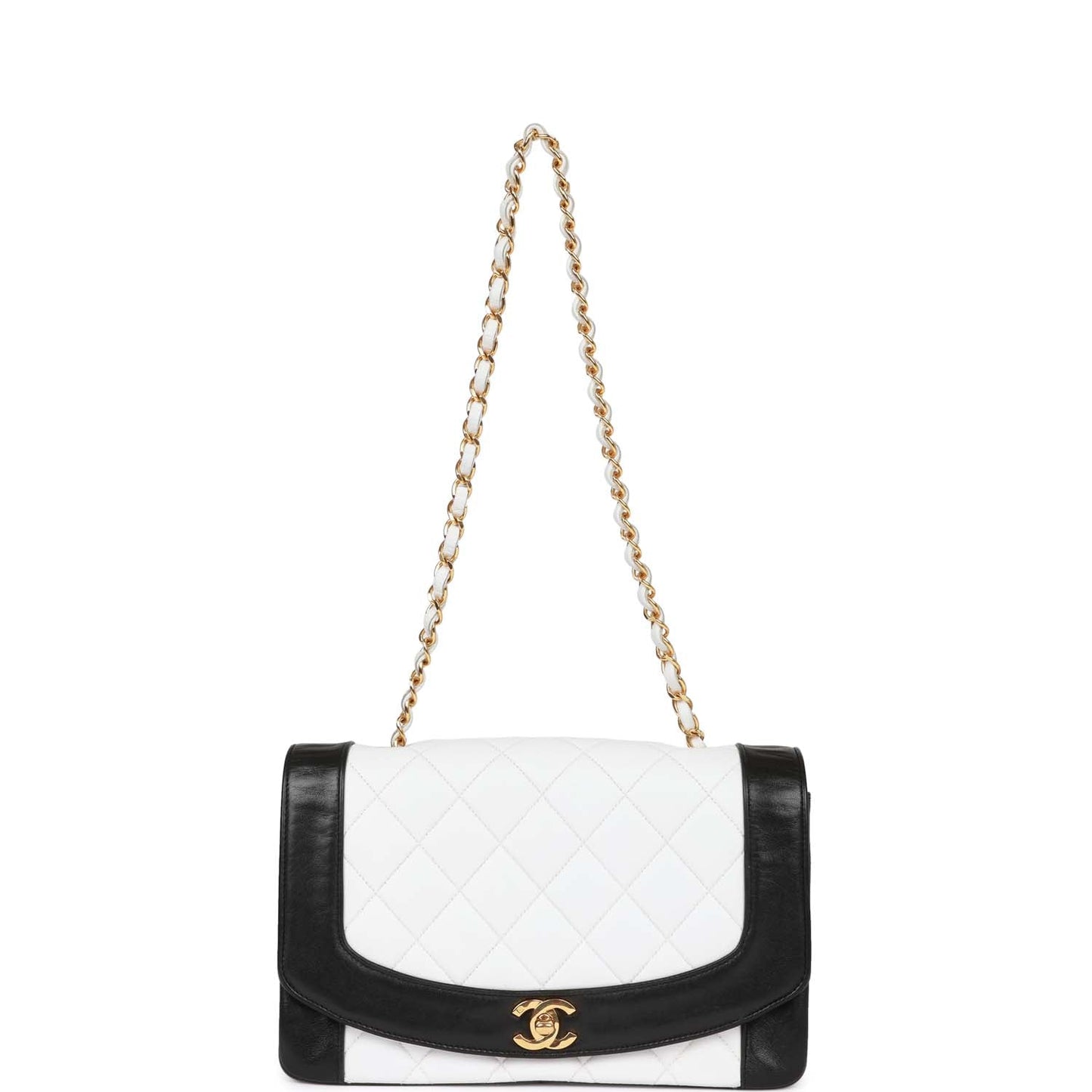 Vintage Chanel Medium Diana Flap Bag White and Black Lambskin Gold Hardware