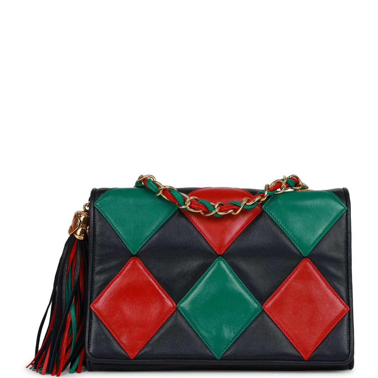 Vintage Chanel Harlequin Flap Bag Green, Red and Blue Lambskin Gold Hardware