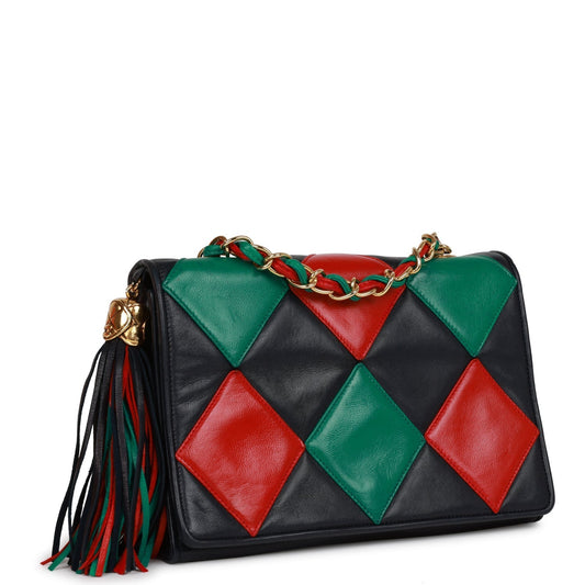 Vintage Chanel Harlequin Flap Bag Green, Red and Blue Lambskin Gold Hardware