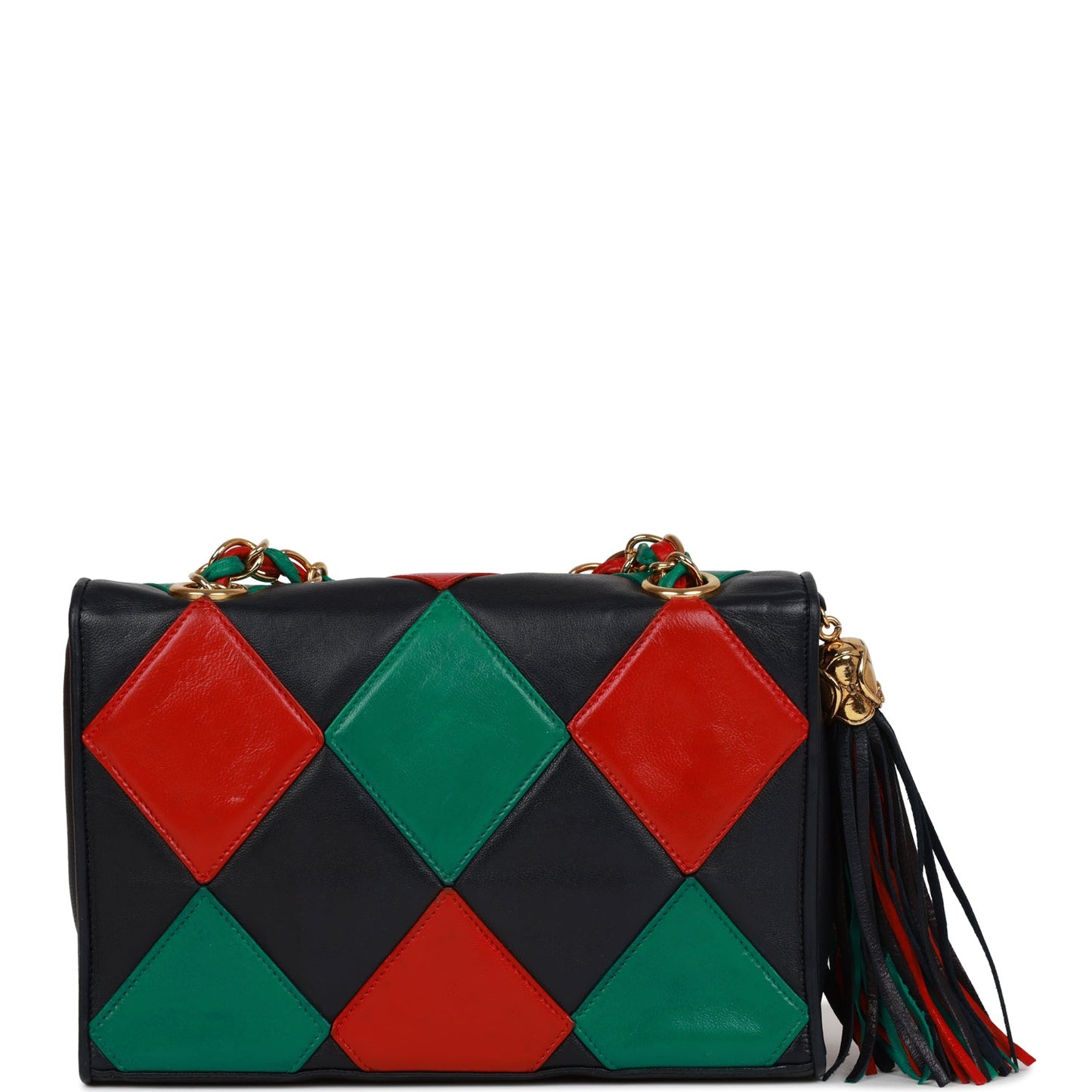 Vintage Chanel Harlequin Flap Bag Green, Red and Blue Lambskin Gold Hardware