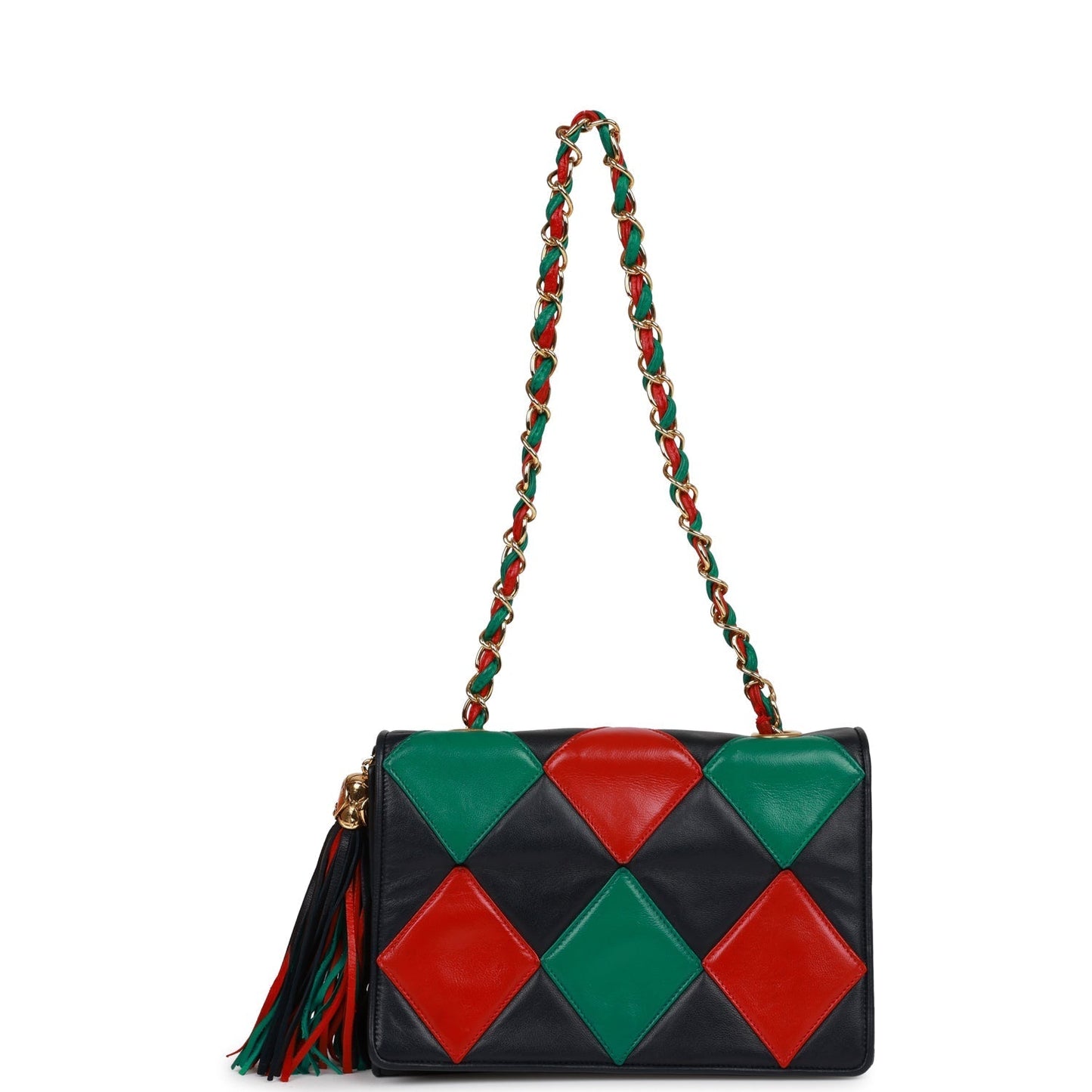 Vintage Chanel Harlequin Flap Bag Green, Red and Blue Lambskin Gold Hardware