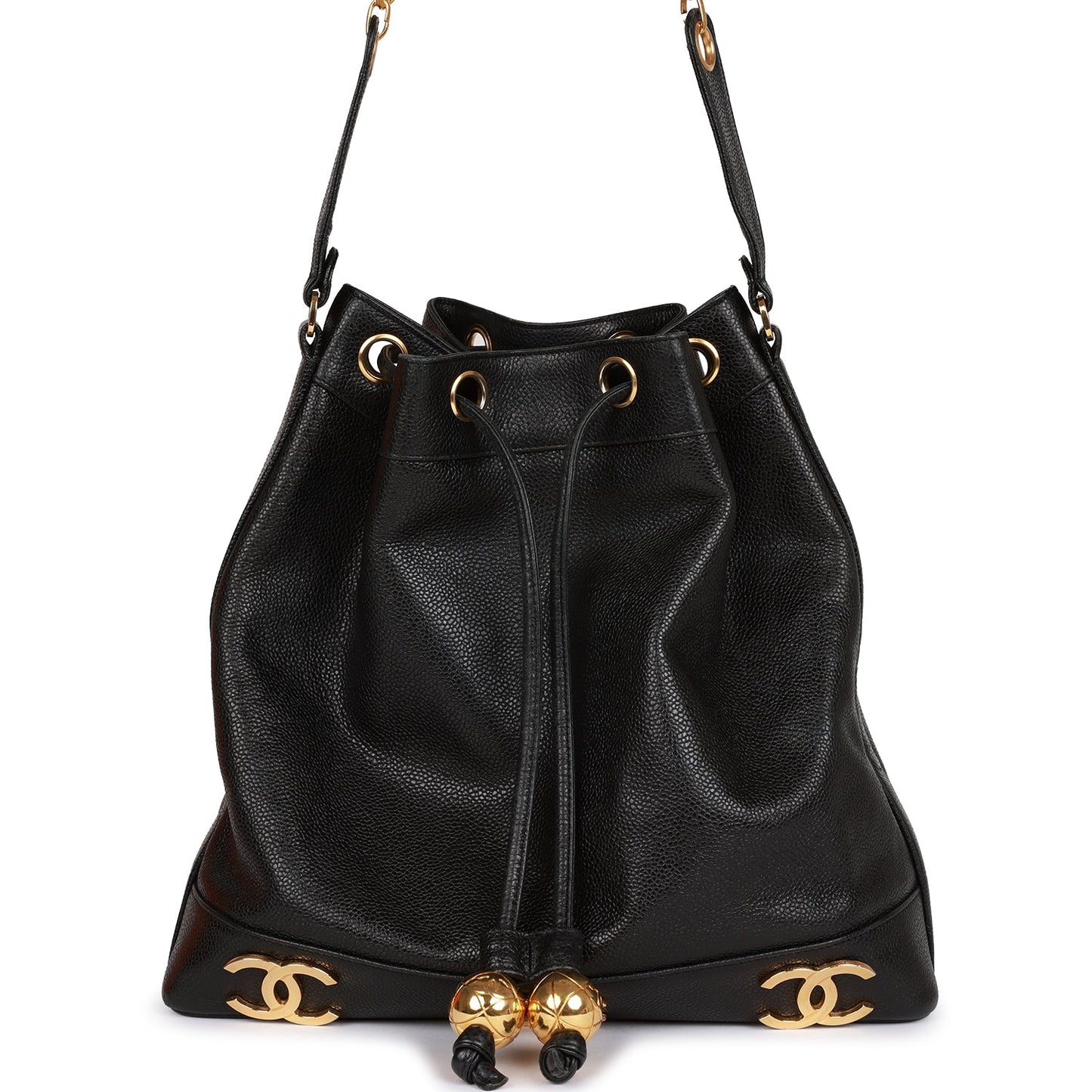 Vintage Chanel CC Bucket Bag Black Caviar Gold Hardware