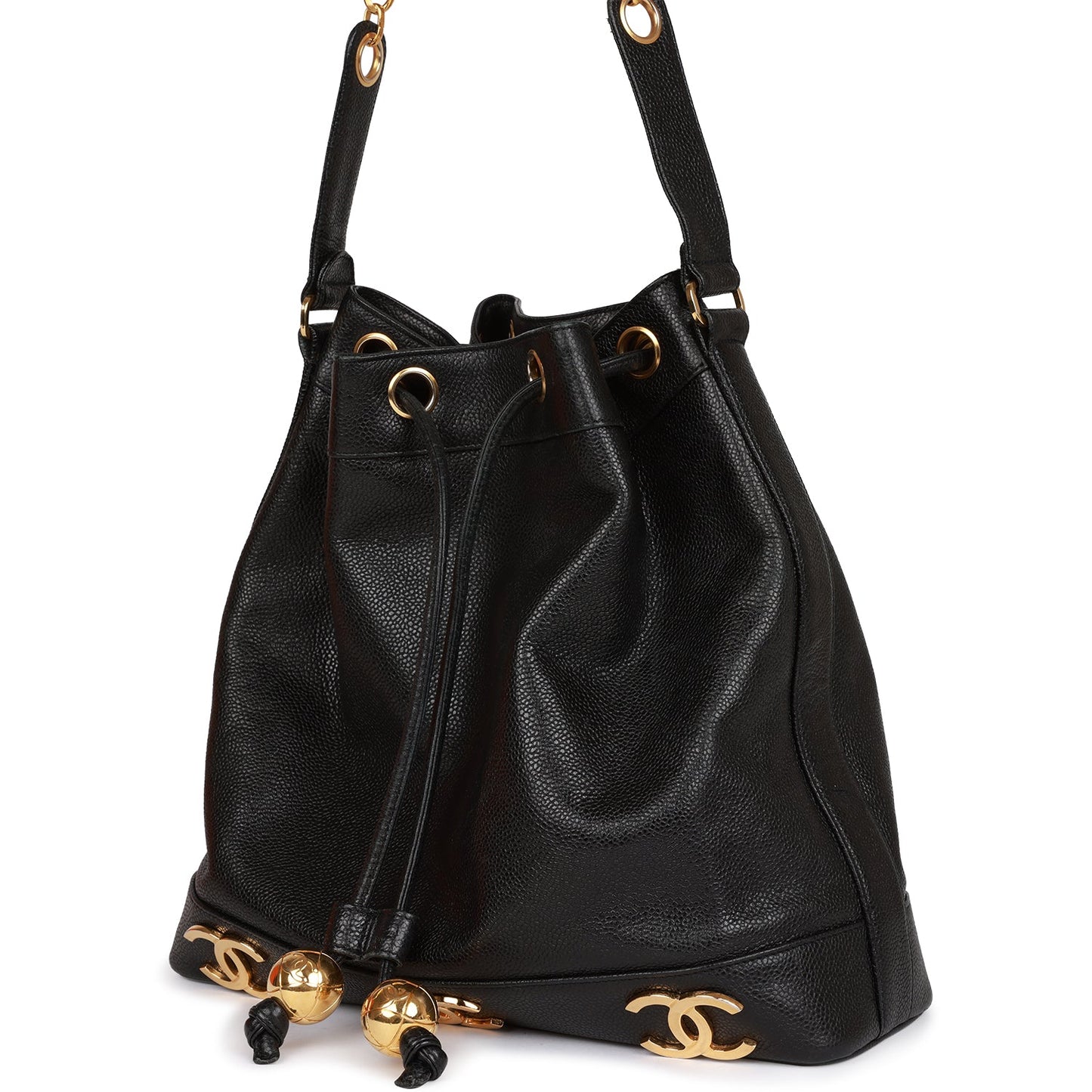 Vintage Chanel CC Bucket Bag Black Caviar Gold Hardware