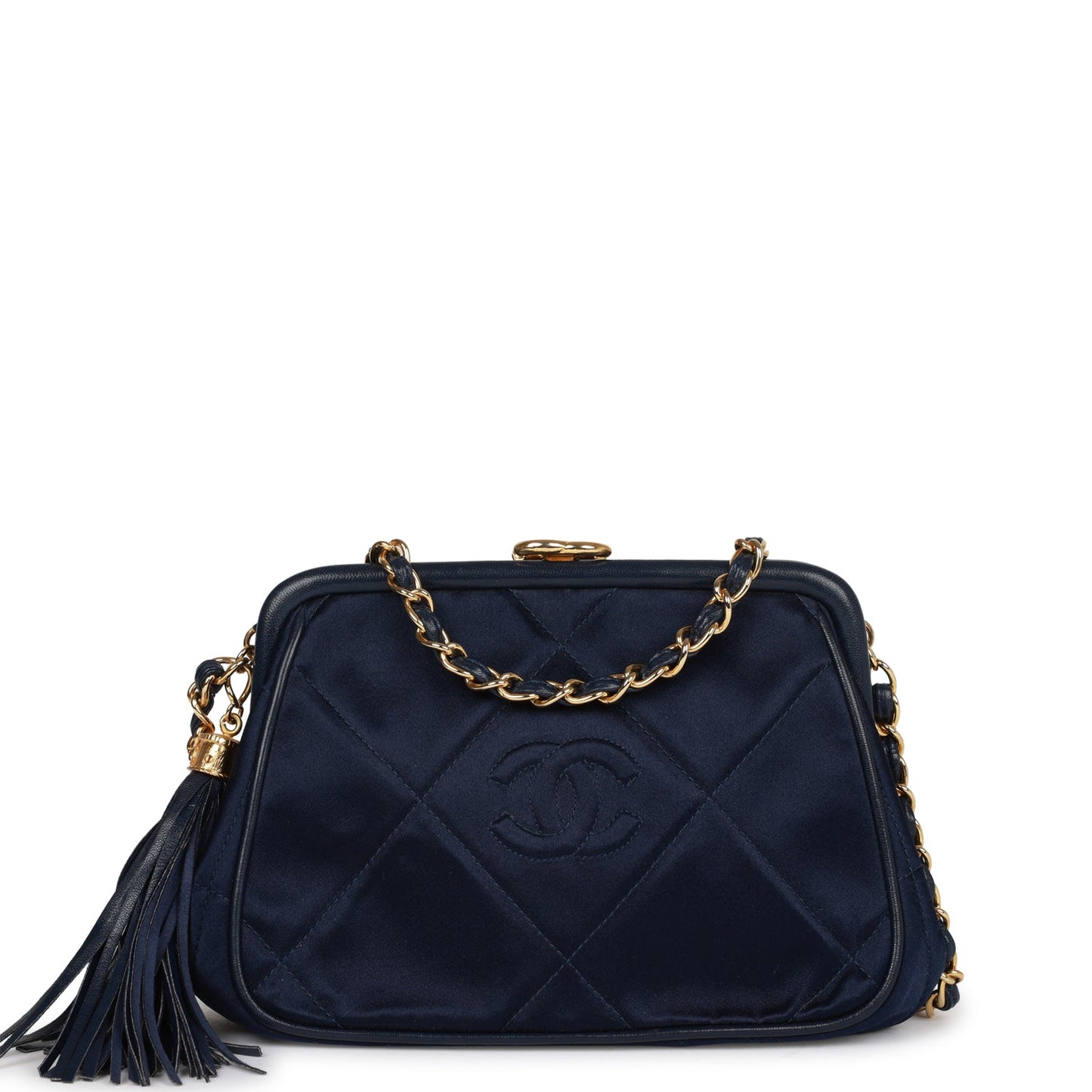 Vintage Chanel Frame Tassel Bag Navy Satin Gold Hardware