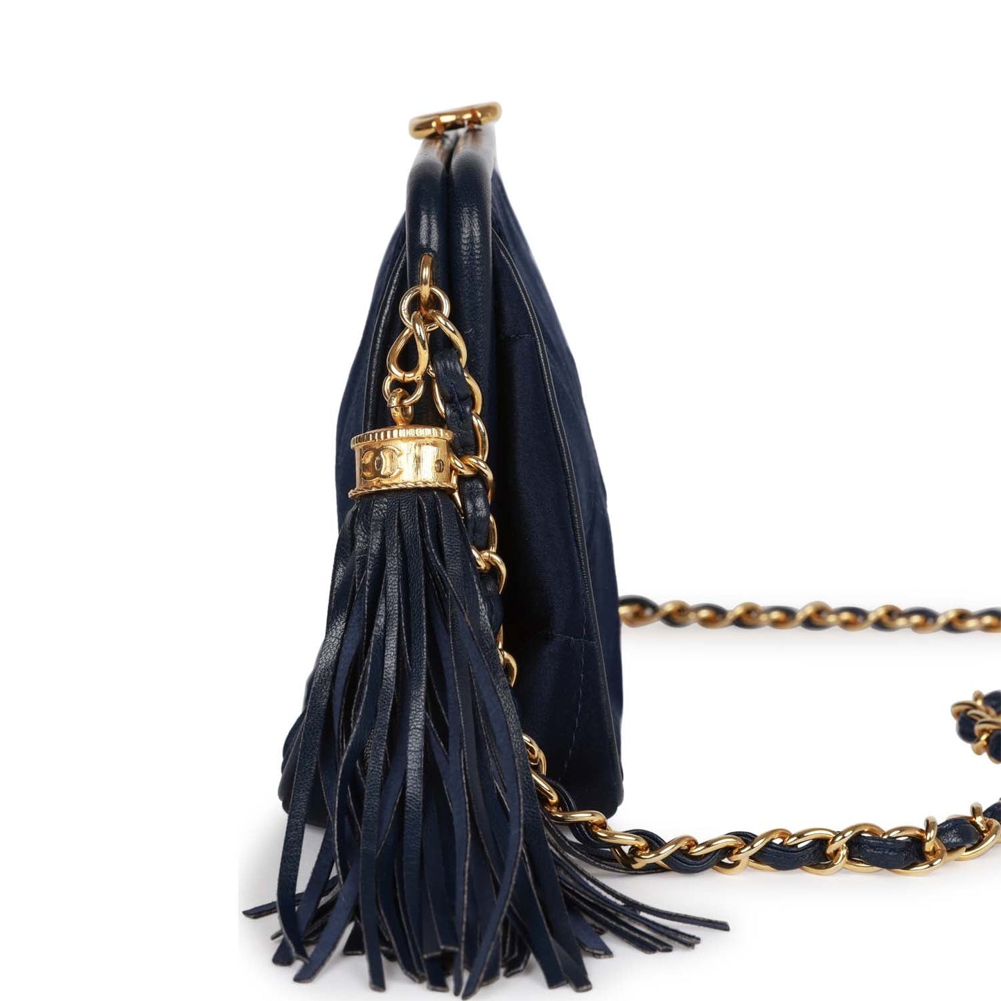 Vintage Chanel Frame Tassel Bag Navy Satin Gold Hardware