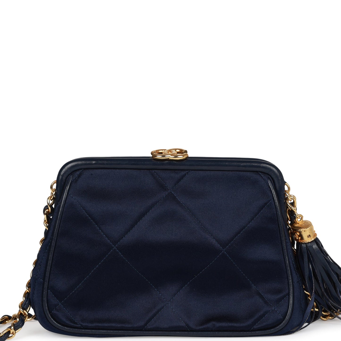 Vintage Chanel Frame Tassel Bag Navy Satin Gold Hardware