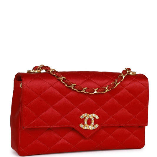 Vintage Chanel Small Flap Bag Red Satin Gold Hardware