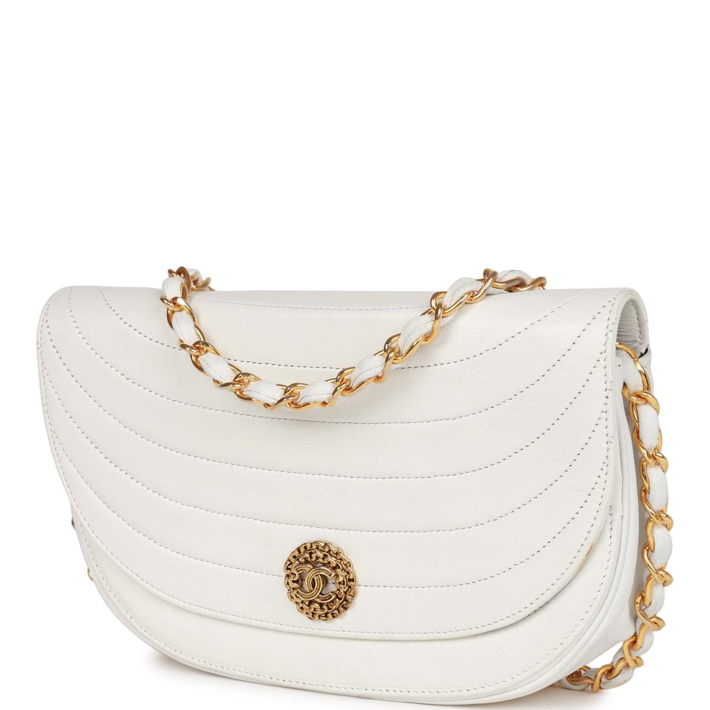 Vintage Chanel Half Moon Shoulder Bag White Lambskin Gold Hardware