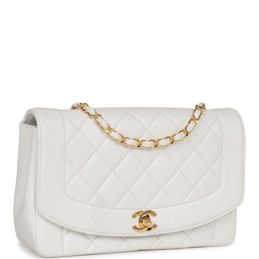 Vintage Chanel Medium Diana Flap Bag White Lambskin Gold Hardware