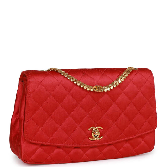 Vintage Chanel Flap Bag Red Satin Gold Hardware