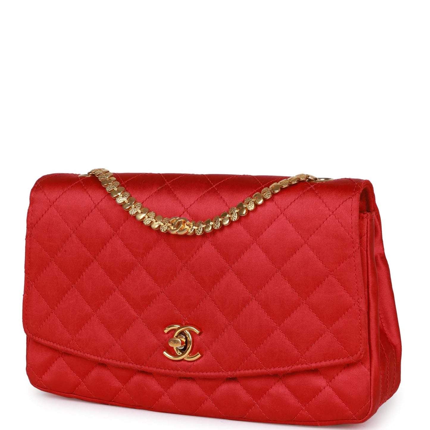 Vintage Chanel Flap Bag Red Satin Gold Hardware