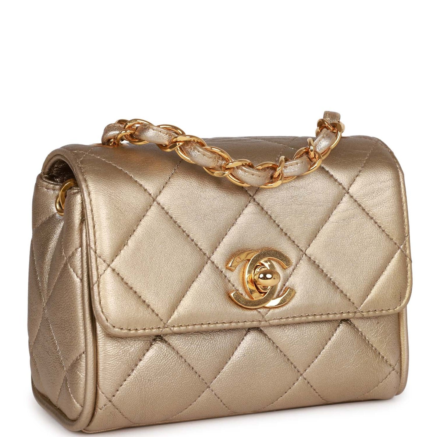 Vintage Chanel Nano Flap Bag Gold Metallic Lambskin Gold Hardware