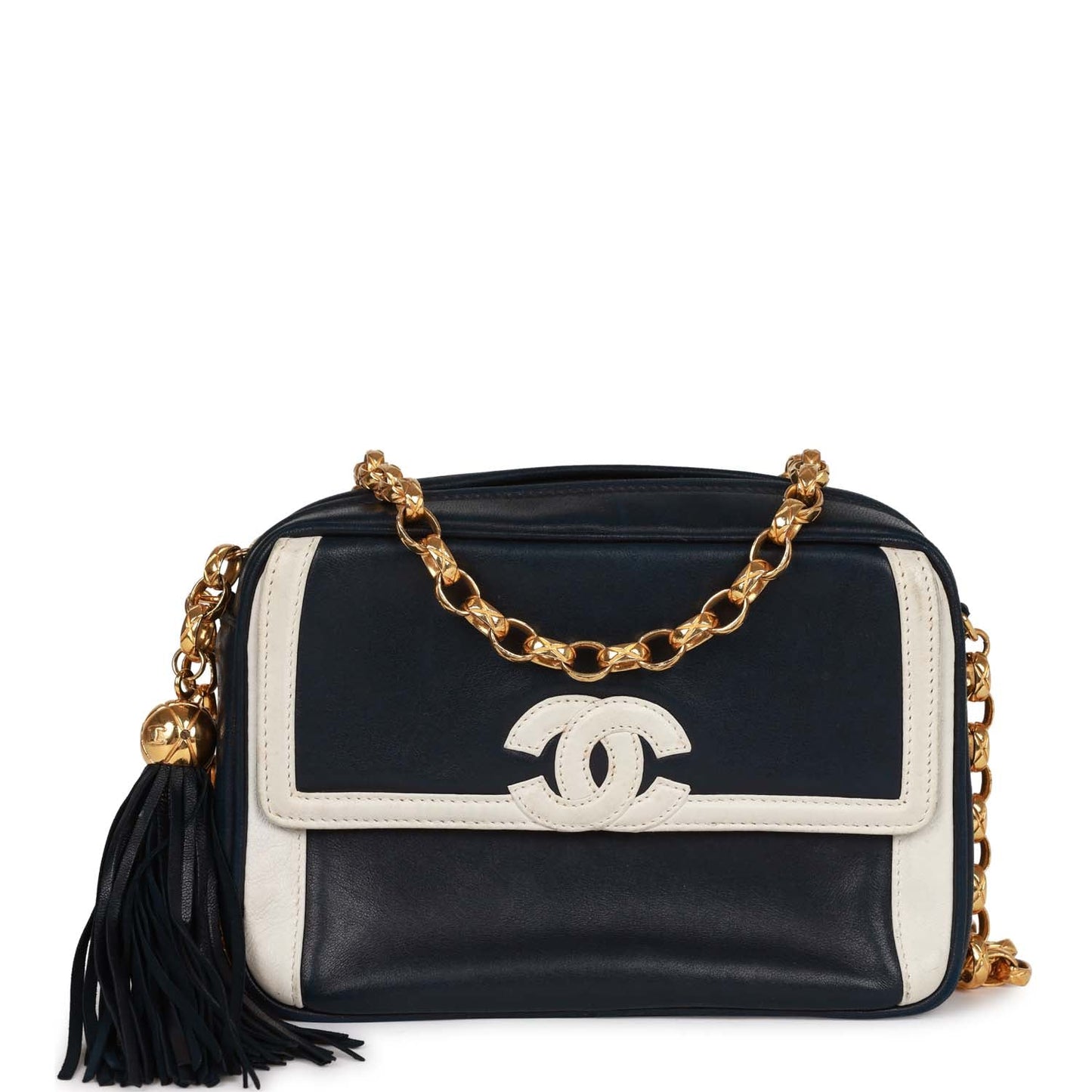 Vintage Chanel Fringe Chain Camera Bag Navy and White Lambskin Gold Hardware