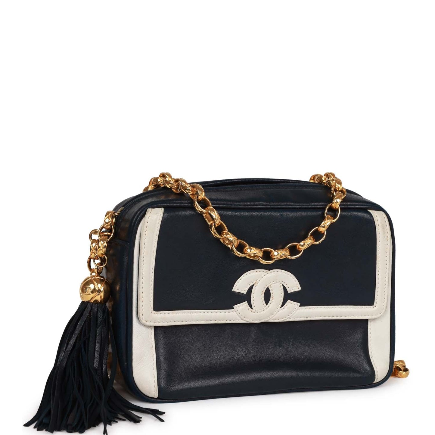 Vintage Chanel Fringe Chain Camera Bag Navy and White Lambskin Gold Hardware