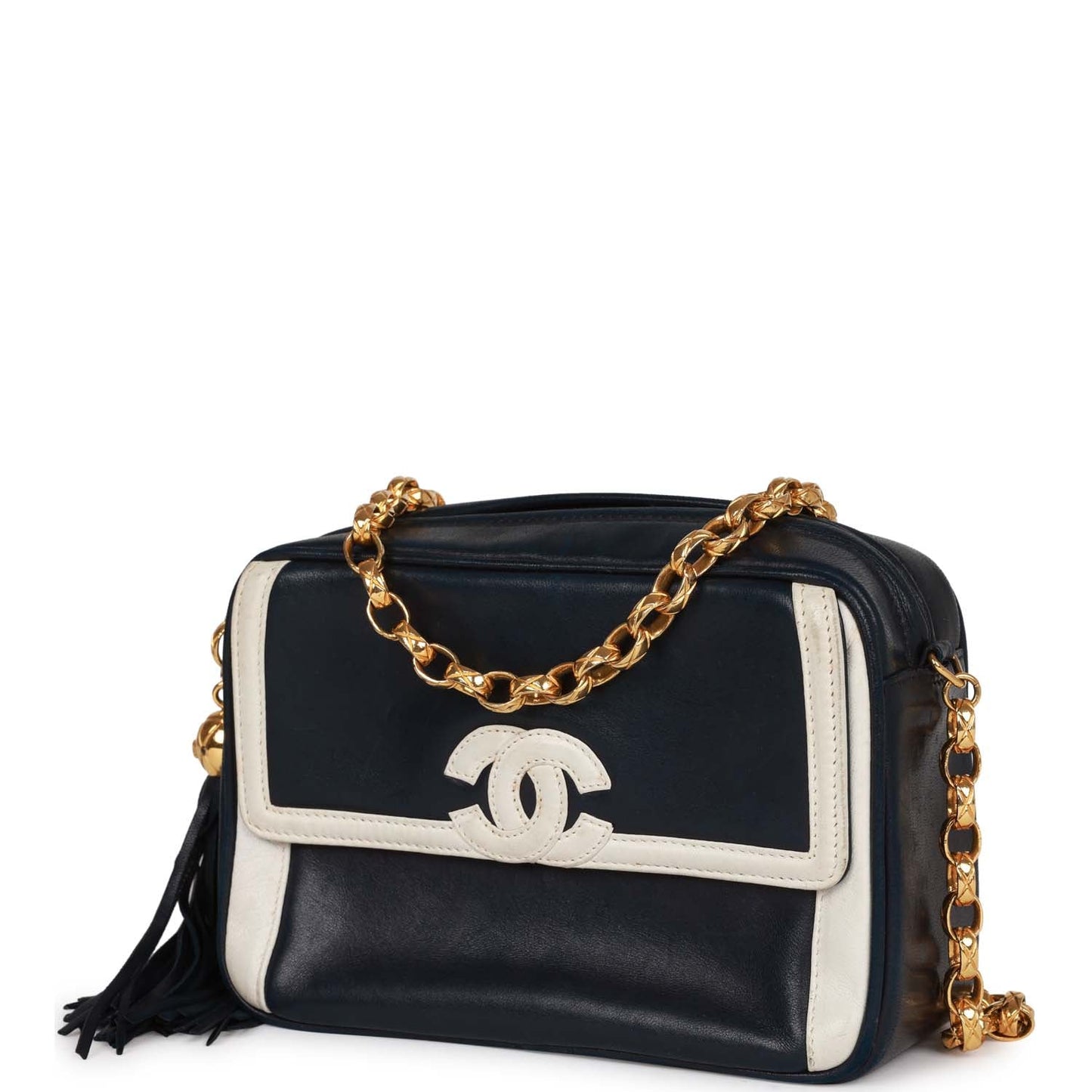 Vintage Chanel Fringe Chain Camera Bag Navy and White Lambskin Gold Hardware