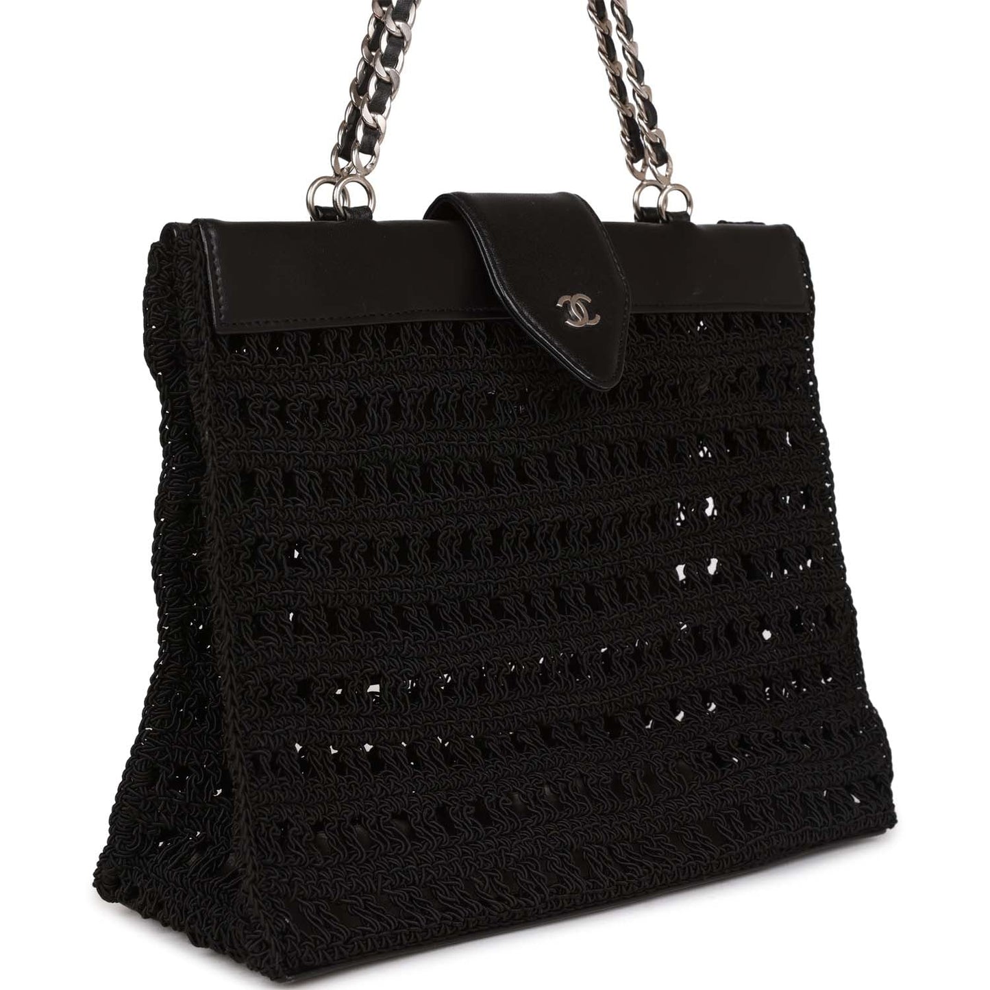 Vintage Chanel Supermodel Tote Black Crochet Aged Silver Hardware