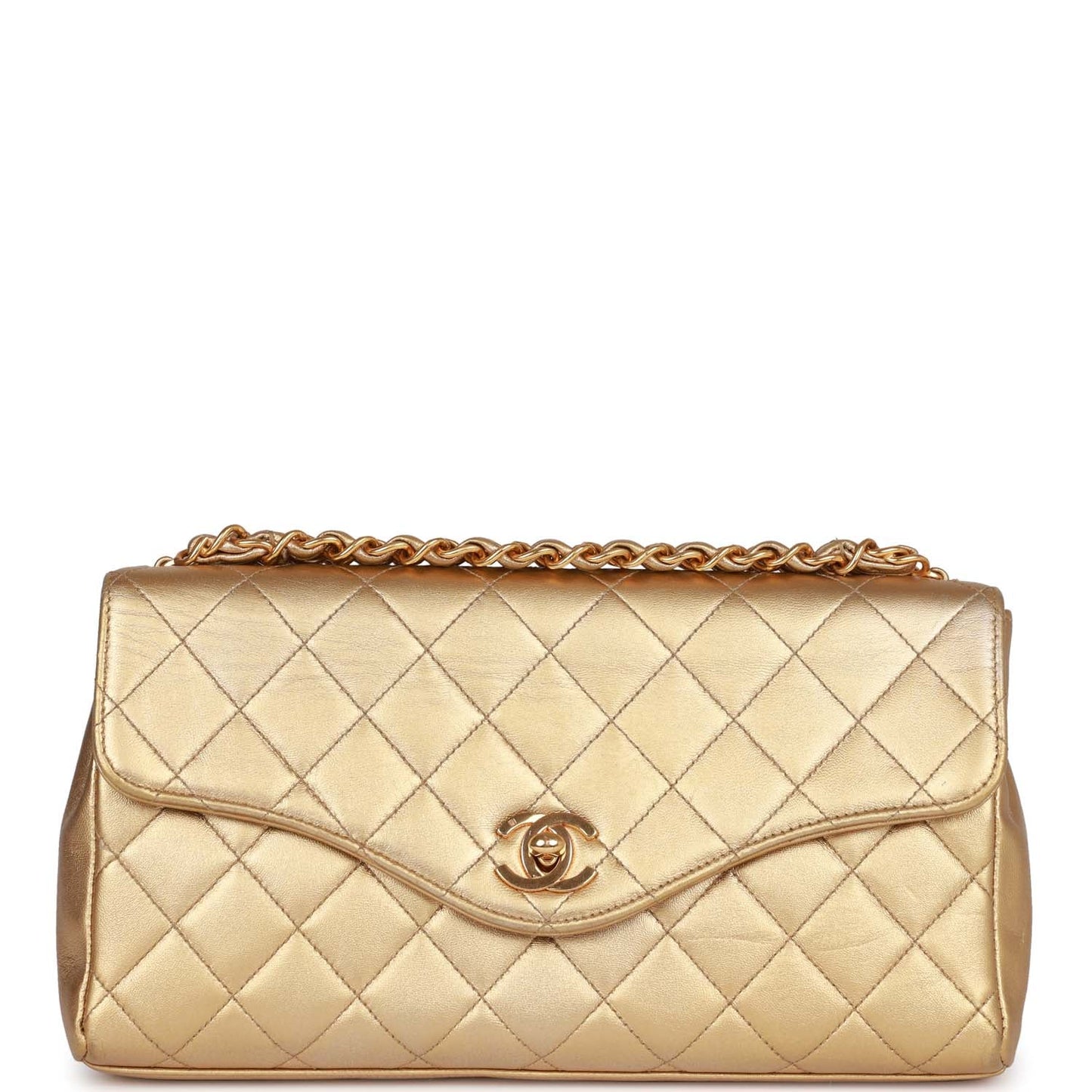 Vintage Chanel Clutch Flap Bag with Handle Gold Metallic Lambskin Gold Hardware