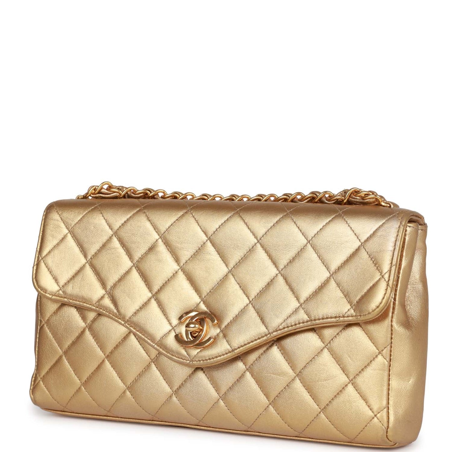 Vintage Chanel Clutch Flap Bag with Handle Gold Metallic Lambskin Gold Hardware